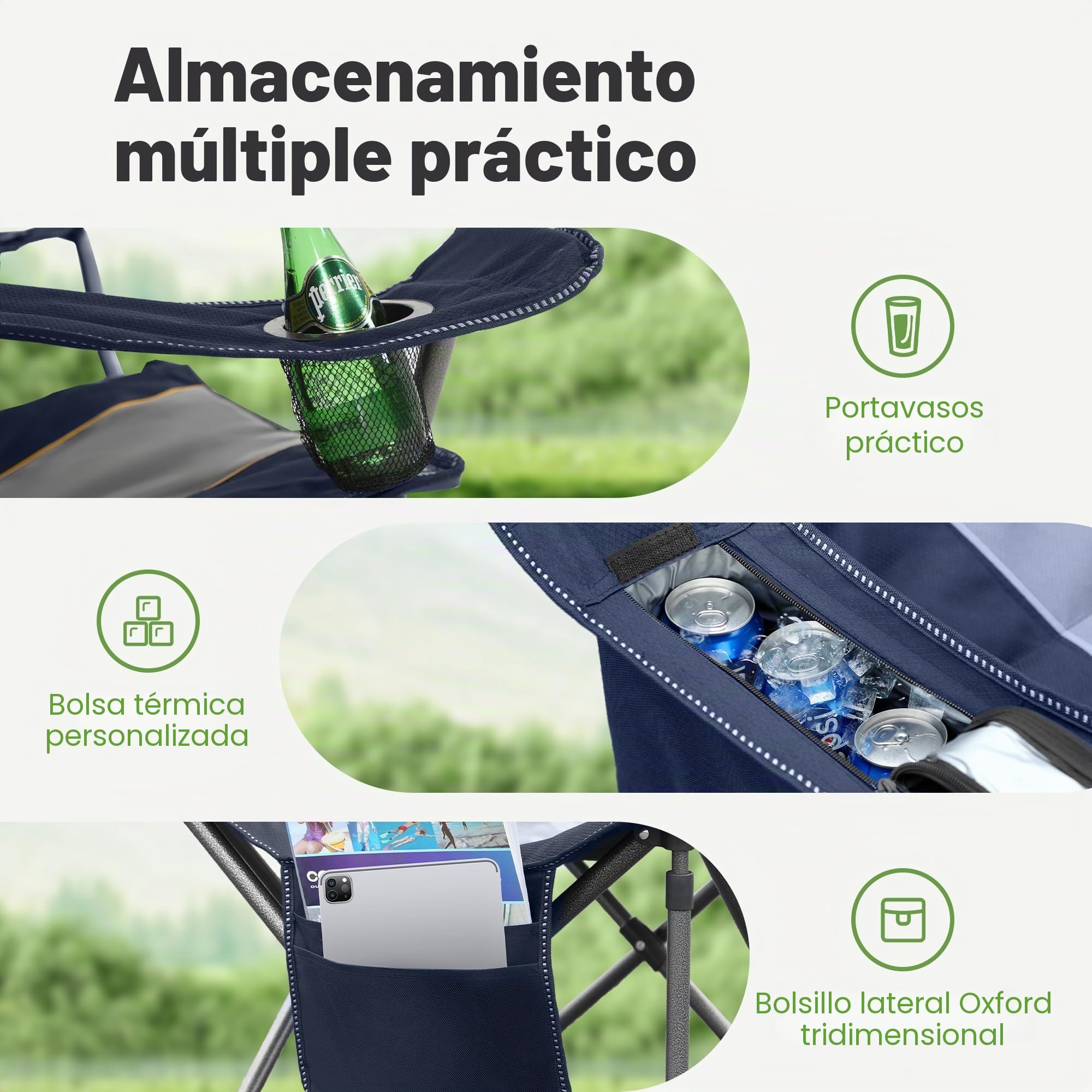 LET'S CAMP Silla de camping plegable de gran tamaño, hasta 200 kg | Con soporte para bebidas, bolsa isotérmica, silla plegable de exterior de Oxford 600D