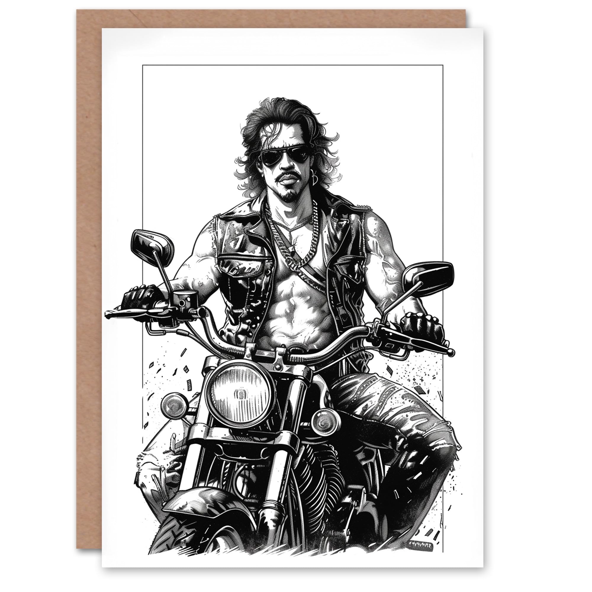Artery8 Birthday Card Biker Drawing Muscle Sexy Motorbike Leather For Him Her Man Woman Girl Boy Wife Husband Greeting Card
