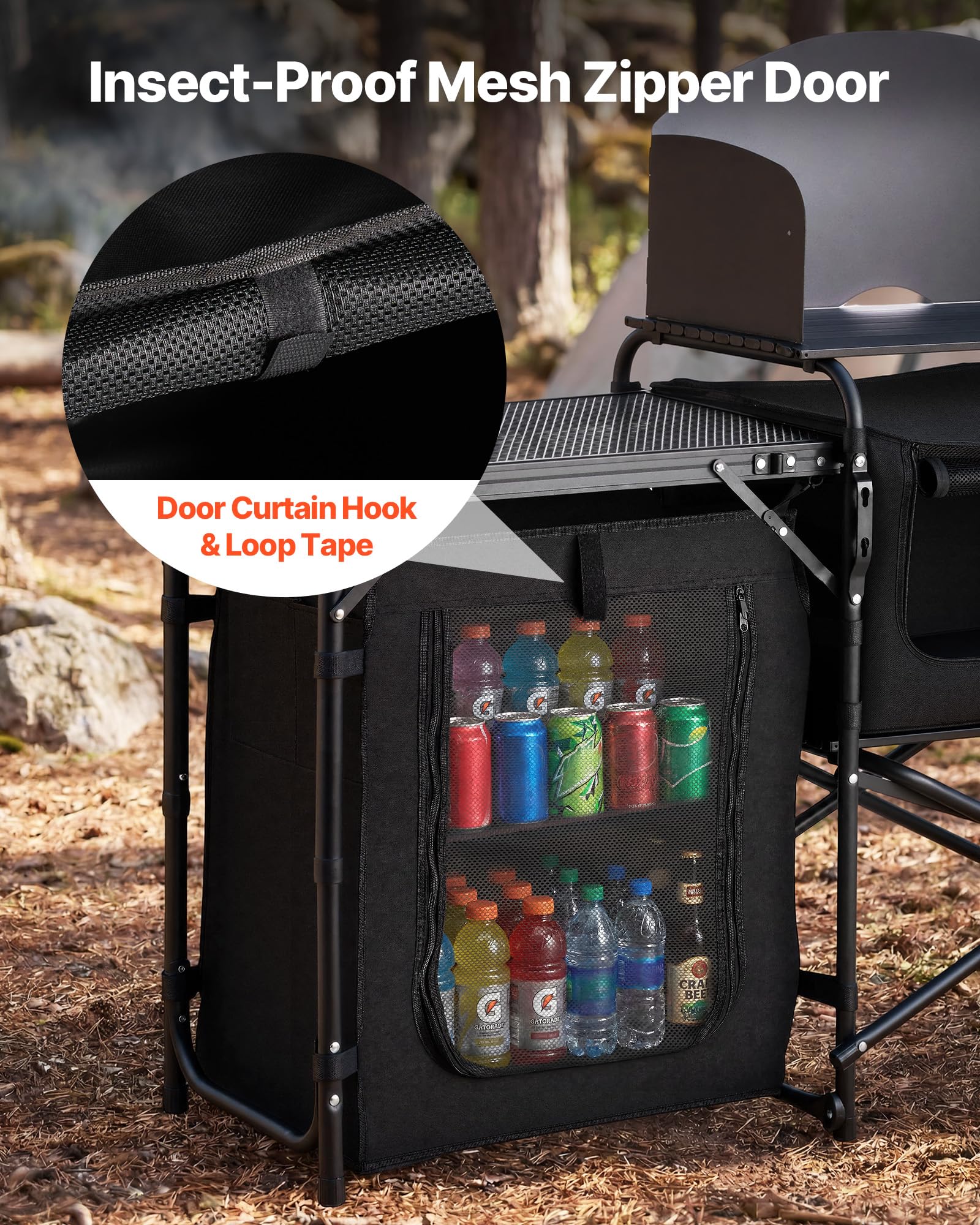 VEVOR Mobiletto Cucina Portatile Pieghevole da Campeggio, Mobiletto da Campeggio 2 Tavolini Laterali Rete Metallica Paravento Rimovibile per Fornello 3 Scomparti Portaoggetti, Stazione Cucina BBQ