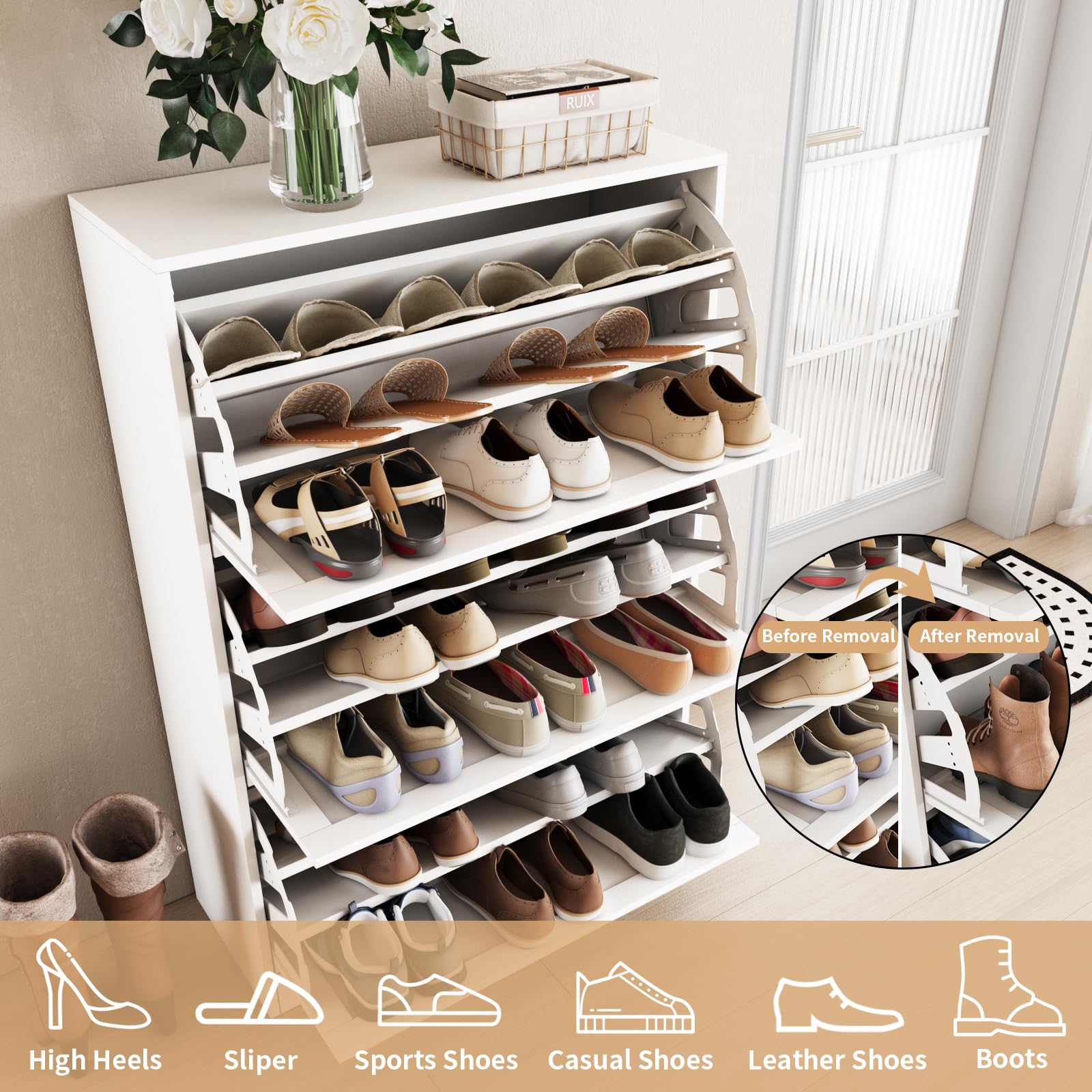 VOWNER Zapatero Estrecho, 3 Puertas, Entrada Recibidor, 80 x 30 x 117 cm (Largo x Ancho x Alto), Zapatero Madera, para Entrada Estrecha, Pasillo (Blanc)