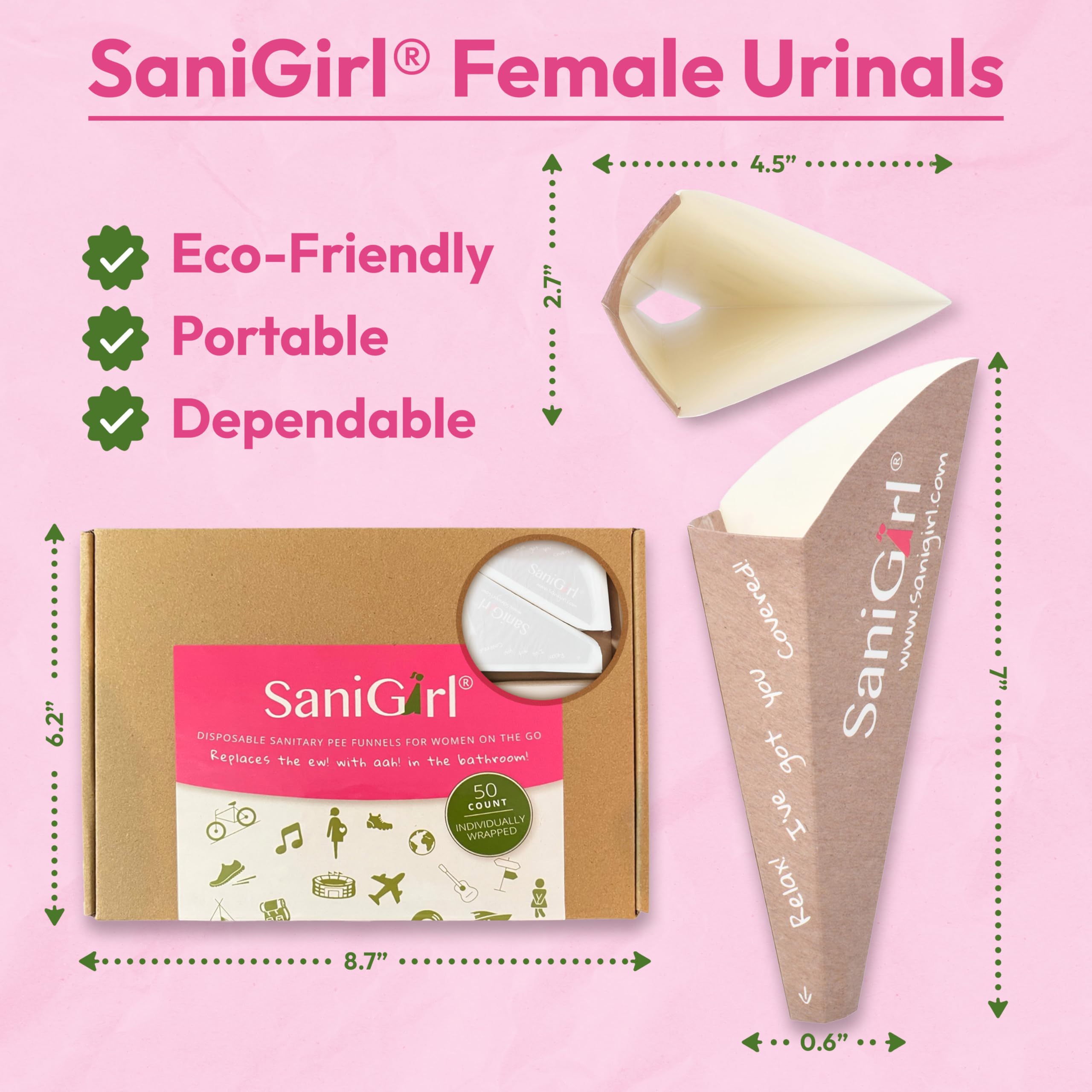 SaniGirl Pisuar podróżny dla kobiet | Jednorazowe urządzenie do oddawania moczu dla kobiet | kobiece produkty higieniczne do siusiania na stojąco | przybory toaletowe podróżne niezbędne na kemping i