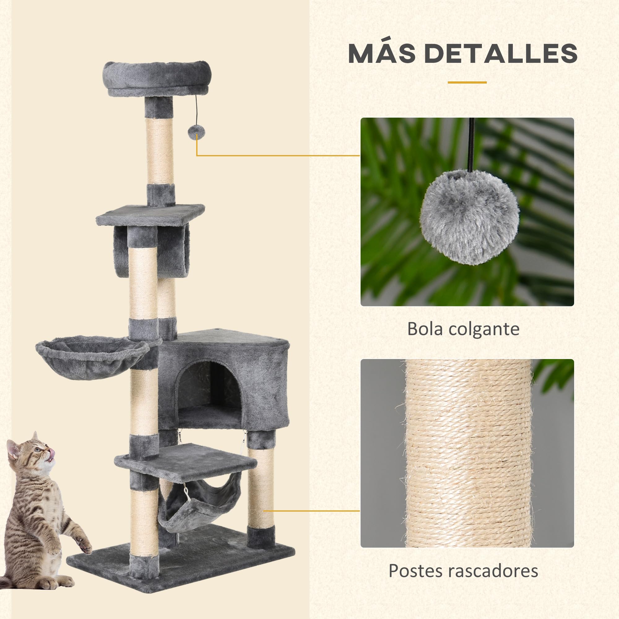PawHut Árbol Rascador para Gatos 154 cm de Altura Torre 60x40x154 cm Gris | Plataformas, Túnel, Hamaca, Postes de Rascado
