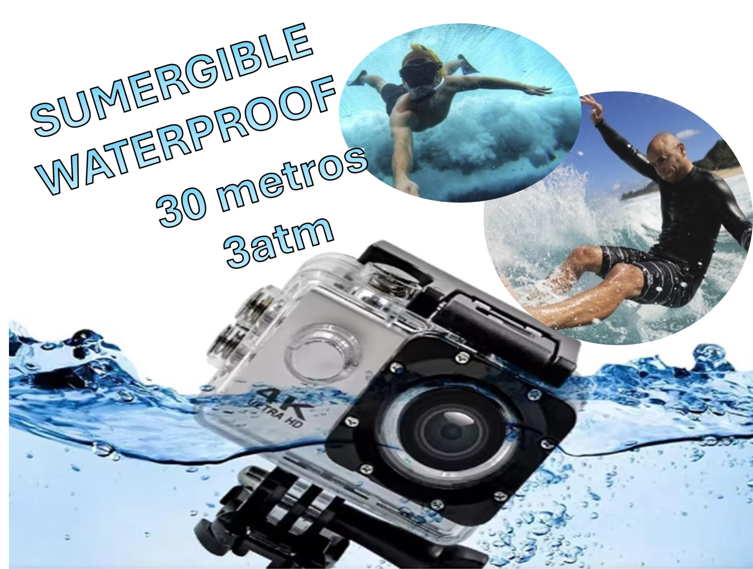Cámara Deportiva y Accion 4K 30FPS, 20MP, Sumergible, Resistente al agua, Videocámara de Casco, WiFi con EIS Antivibración, Cámara Subacuática Buceo 30M con Micrófono Integrado, con Accesorios