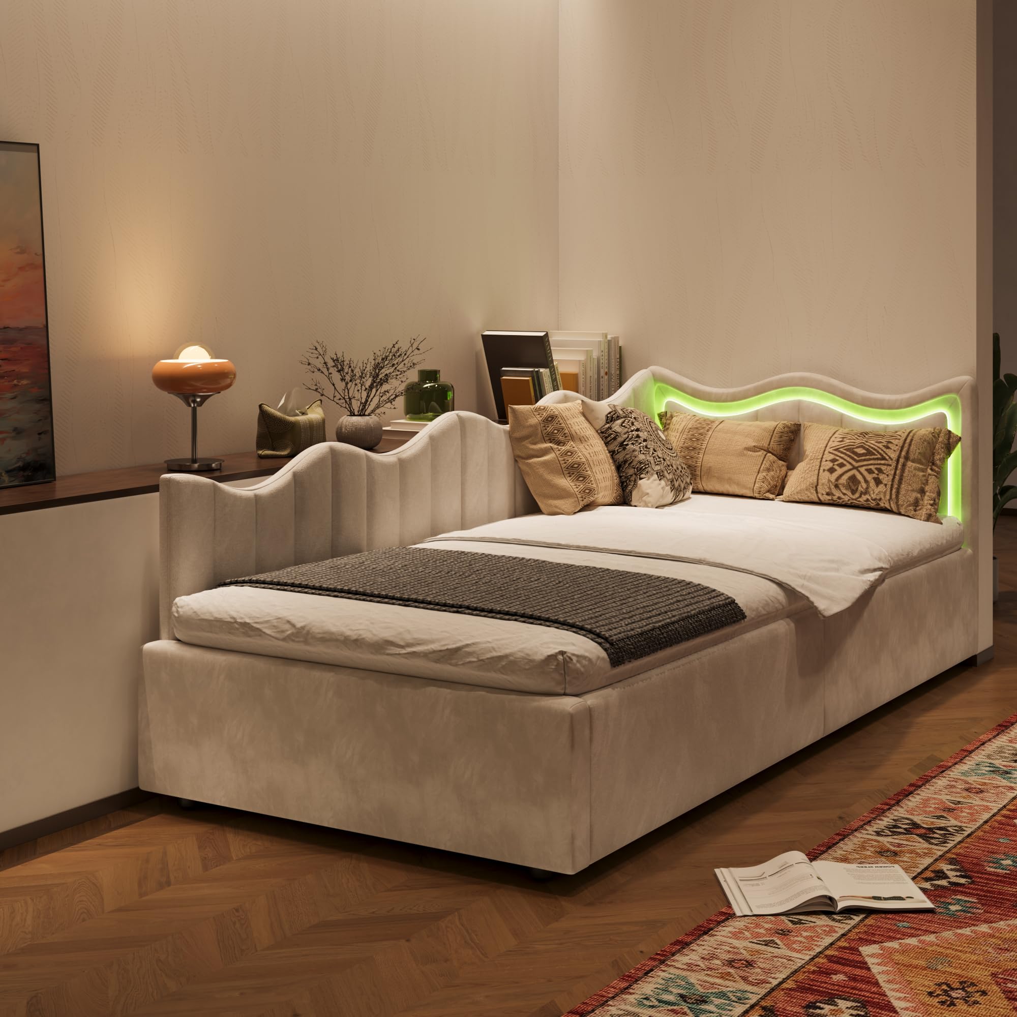 Gestoffeerd bed, uittrekbare slaapbank, 90/180 x 200 cm, met lattenbodem, multifunctioneel bed van huidvriendelijk, fluwelen stof, beige