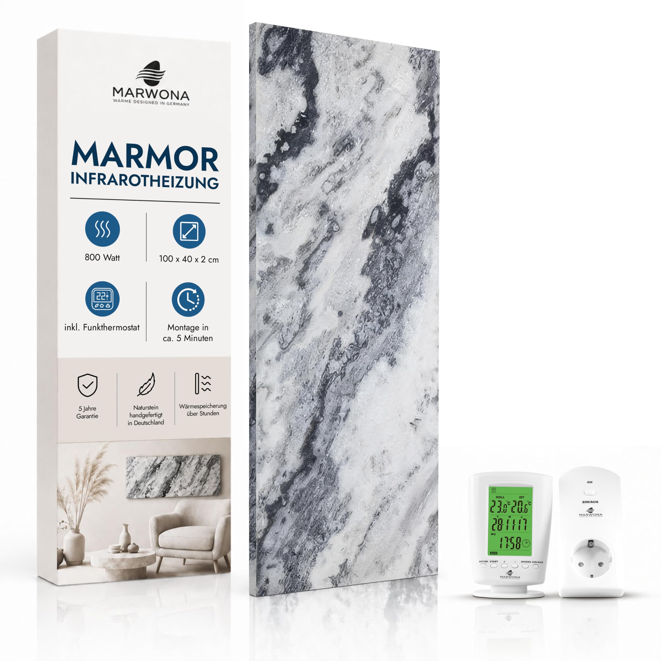Naturstein Infrarotheizung 800 Watt Qarama - Massive Wandheizung aus echtem Marmor - Elektroheizung mit Digitalthermostat, lautlos, 100x40 cm - Made in Germany