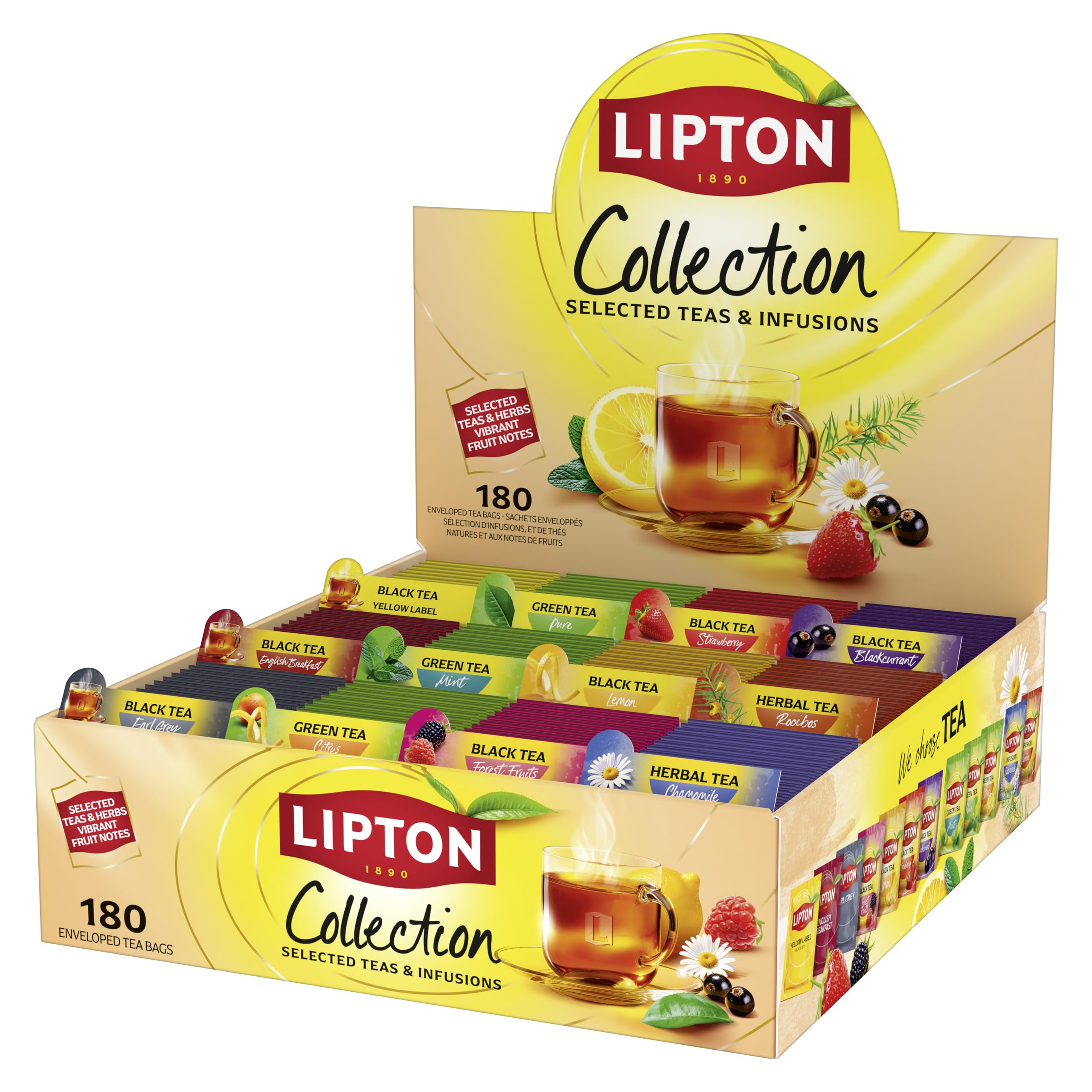 Lipton, Séléction Détente, Nouveau Coffret Thé et Infusions, 12 Goûts Différents, Thé Vert, Thé Noir et Infusions, Infusion à Froid ou Chaud, 1 Boite de 180 Sachets