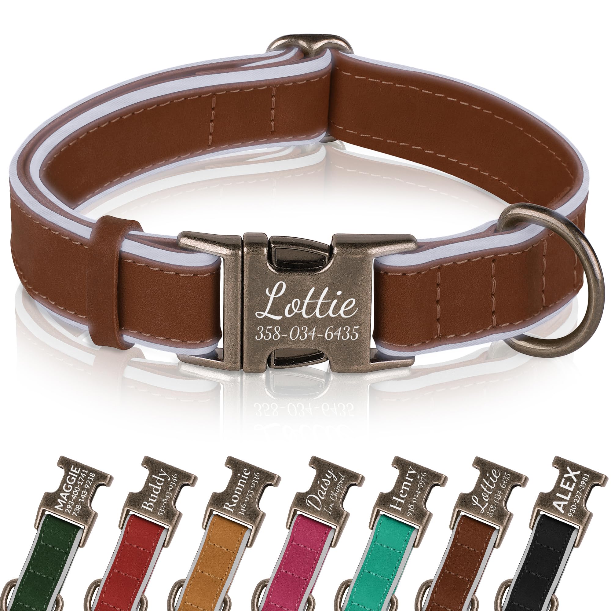 Personalized Leather Dog Collar with Engraved Metal Buckle Custom Soft Padded Reflective Collars for Small Medium Large Breed Dogs Puppy, 4 Sizes, 7 Colors (Brown, M, 12"-15")