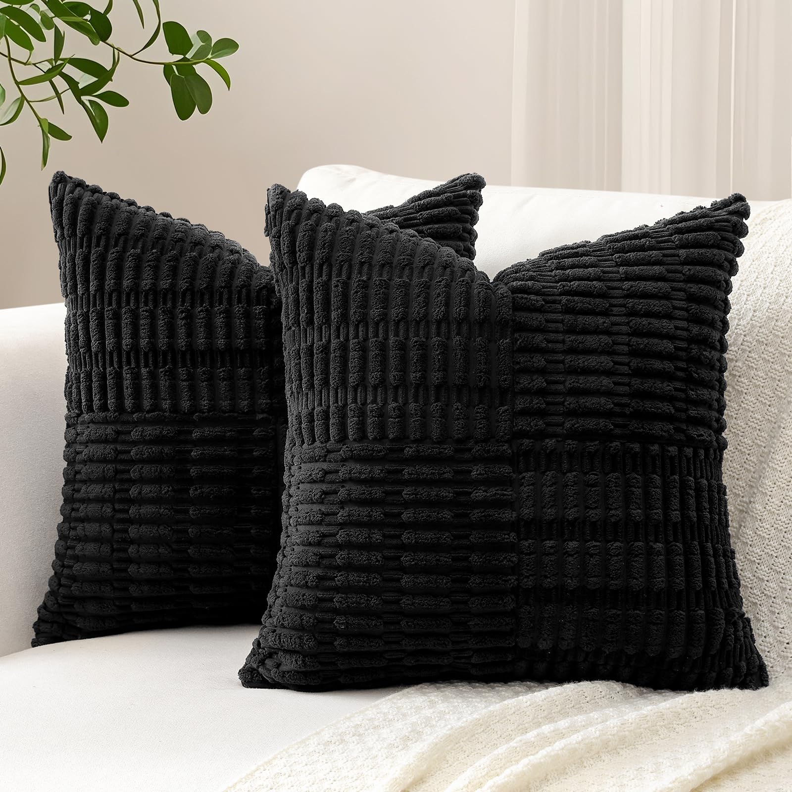 Sungeek Set of 2 Decorative Cushion Covers 50 x 50cm Soft Corduroy Striped Cross Patchwork Textured Pillow Cases Boho Farmhouse Square Throw Pillow Covers for Sofa Bed Patio 20x20 Inch, Black — image 1