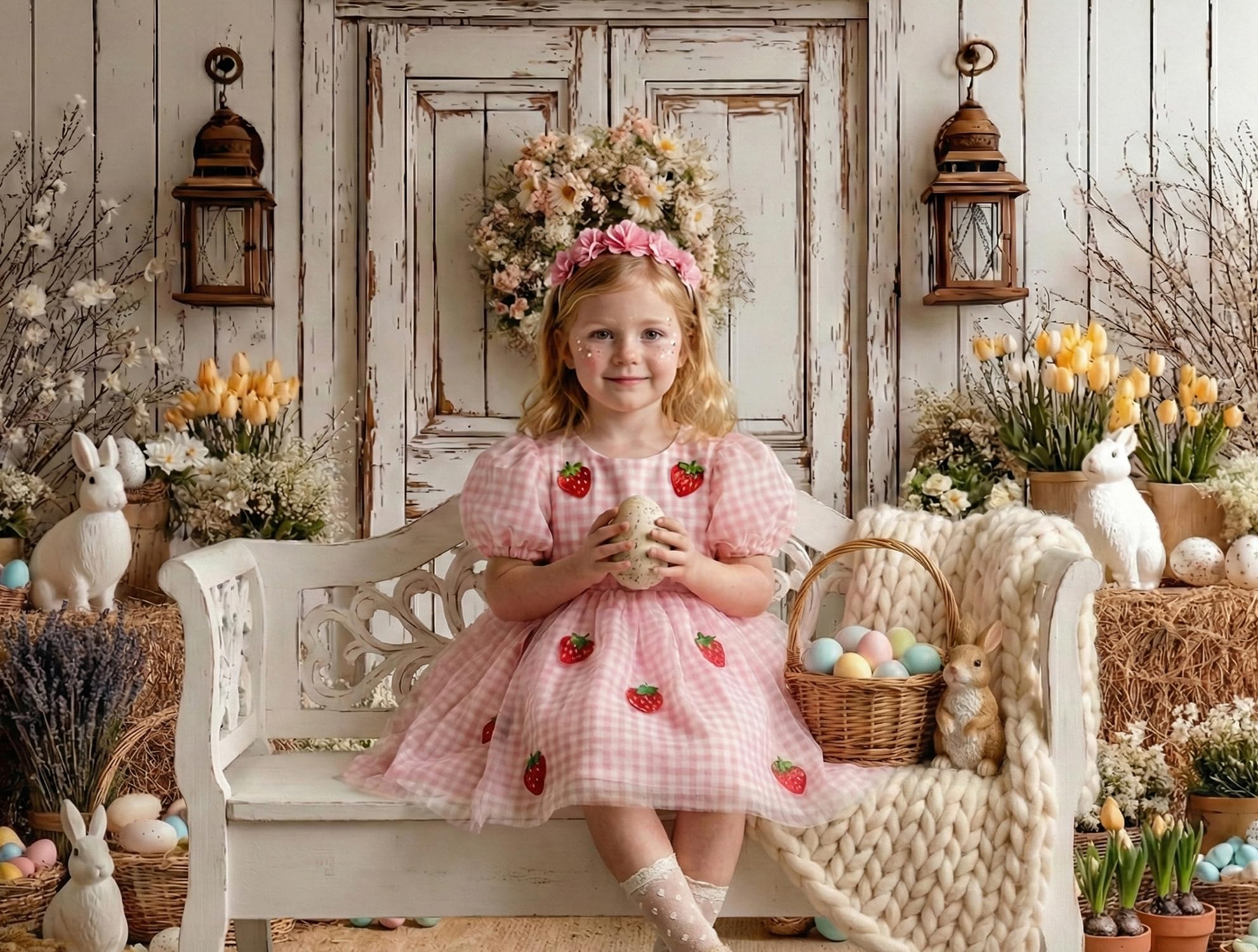 Kate Spring Sfondo fotografico con coniglietto pasquale 10x6.5ft/3x2m uova di Pasqua balle di fattoria porta in legno bianca rustica sfondi per studio fotografico floreale del fienile
