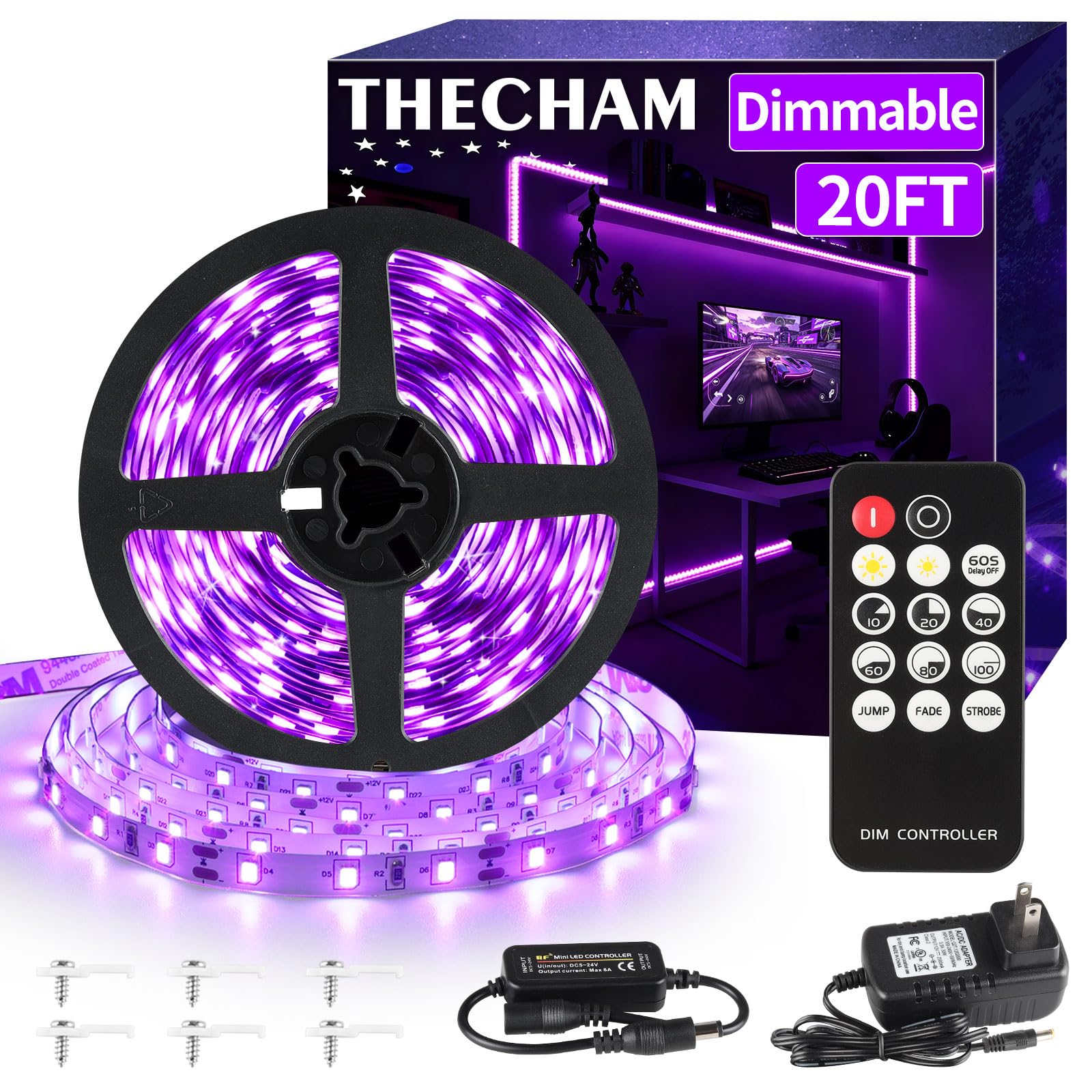 THECHAM 20ft Black Light Strip with Remote