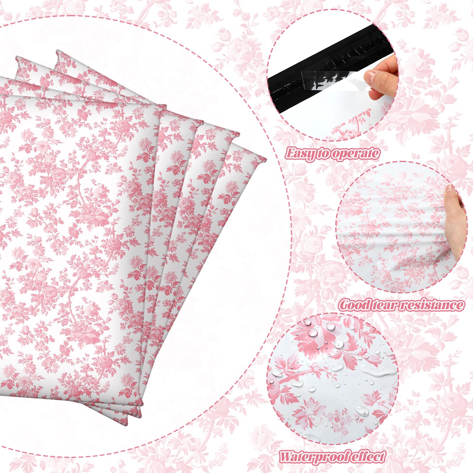 SATINIOR Lot de 200 enveloppes d'expédition imperméables auto-adhésives en polyéthylène pour petites entreprises et grandes entreprises - 25,4 x 33 cm - Motif floral rose coquette