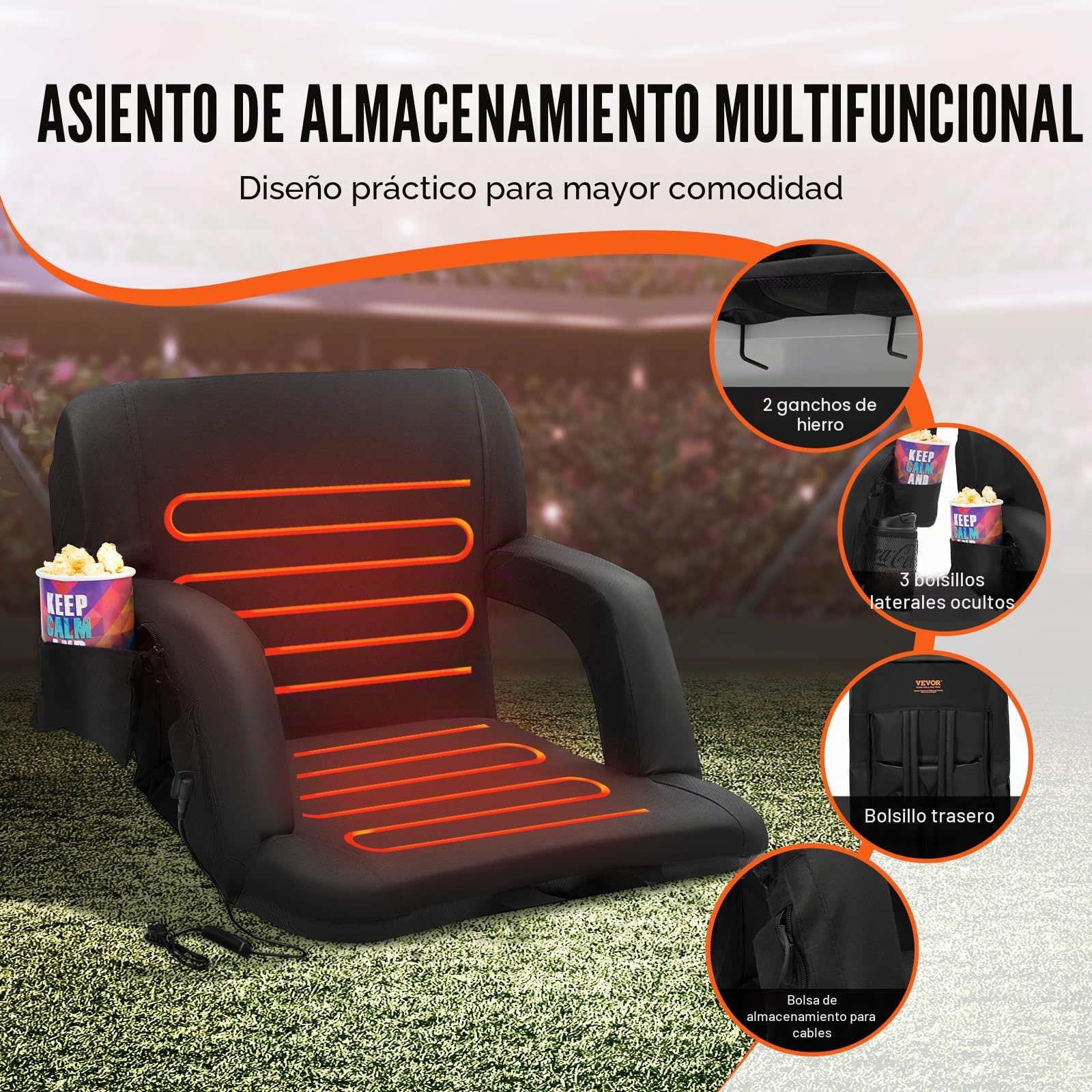 VEVOR Asiento Portátil Plegable de Estadio con Doble Calefacción y Soporte para la Espalda con Calefacción de 3 Niveles, con Portavasos con Bolsillo con Gancho, para Eventos Deportivos, Conciertos
