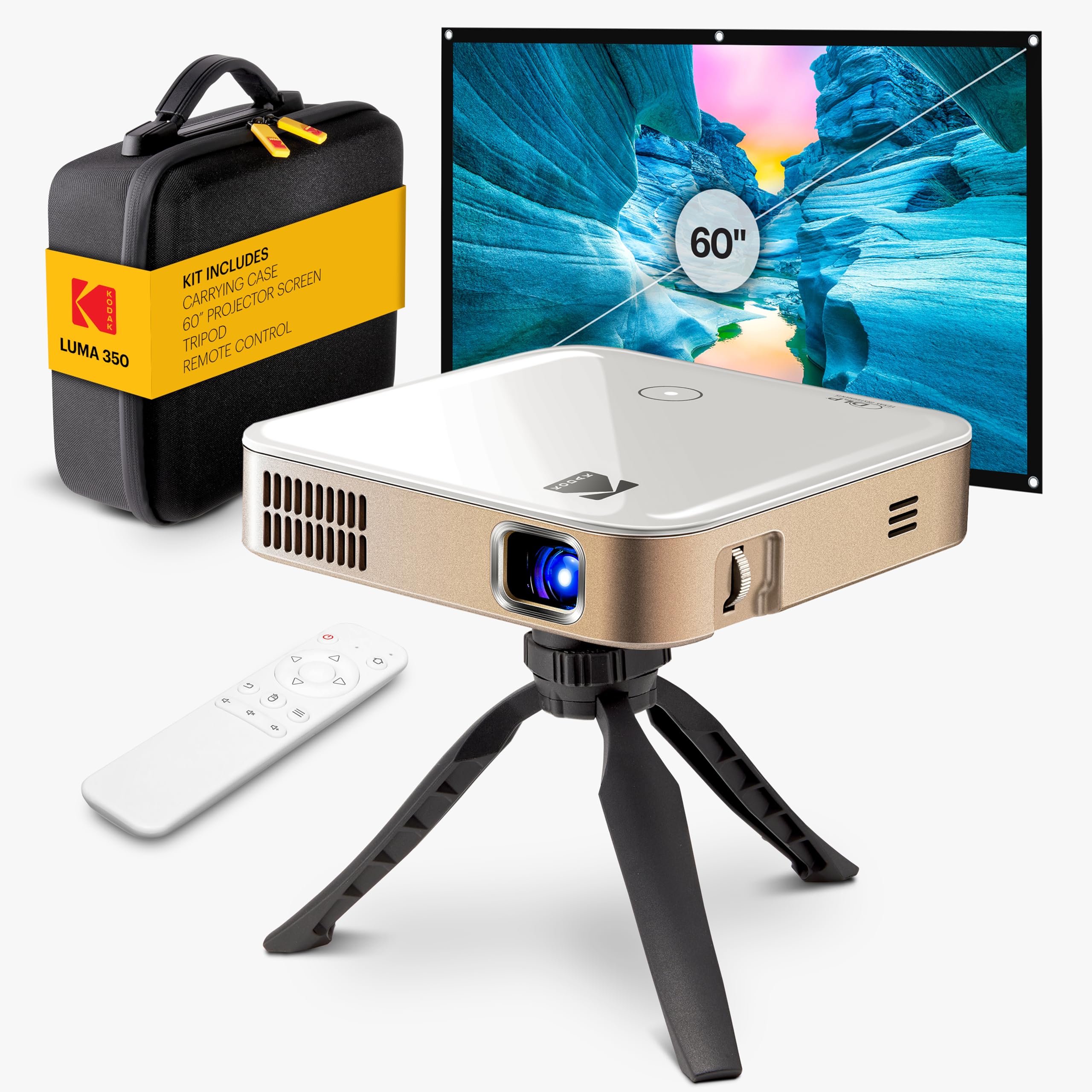 KODAK Luma 350 Complete Kit – Smart Mini DLP with Android OS, Wi-Fi, Screen Mirroring, Remote, Rechargeable Battery – Includes Carrying Case, Tripod &