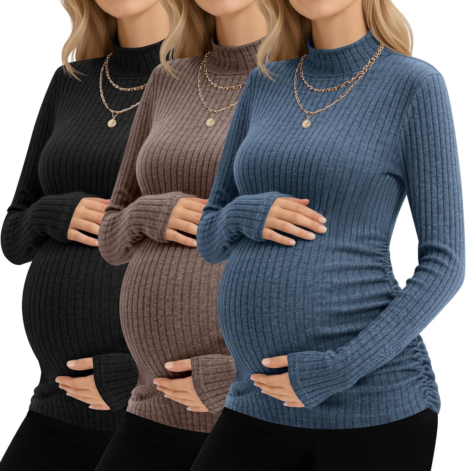 Neer 3 Pack Women's Maternity Tops, Pregnant Long Sleeve Sweaters Mock Turtleneck Pregnancy Shirts Ribbed Knit Mama Clothes