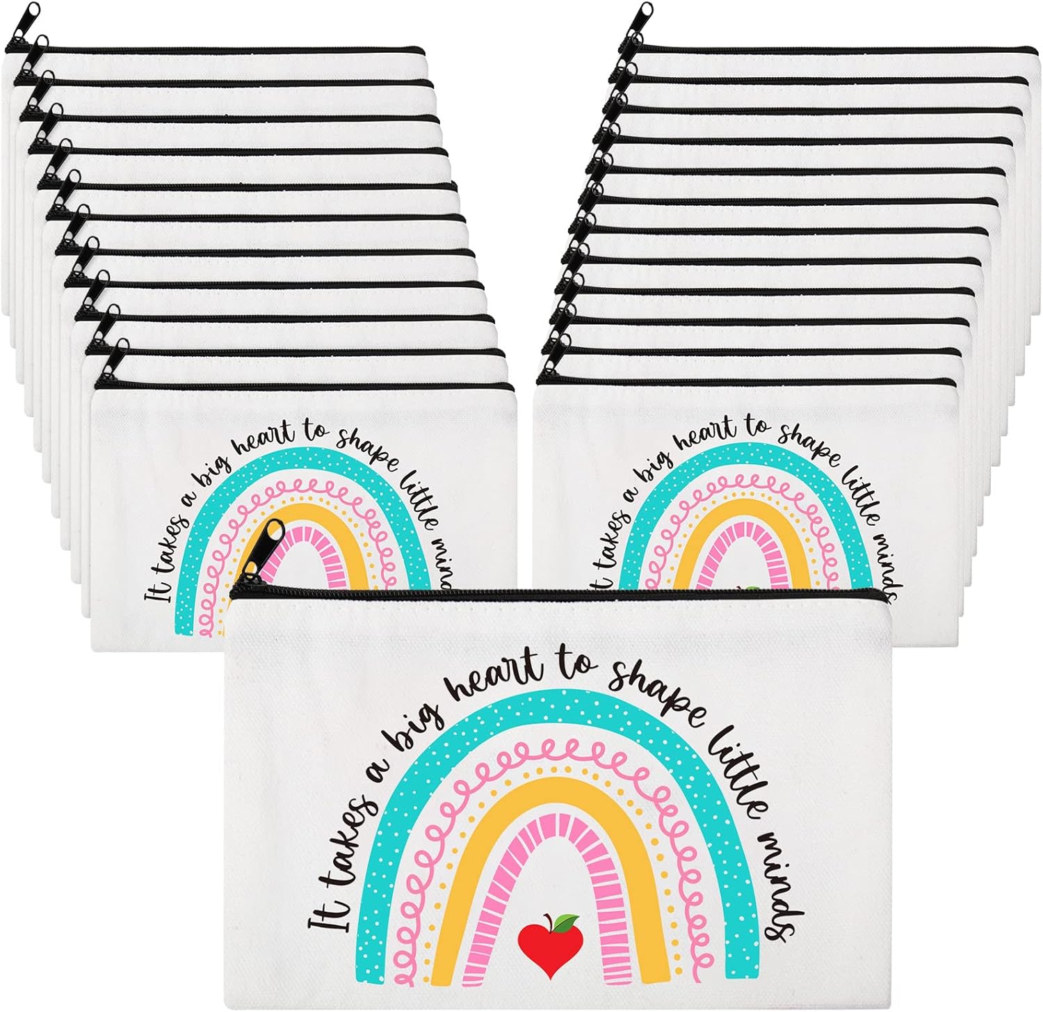 24 Pcs Christmas Teacher Appreciation Gifts Makeup Bag Bulk Inspirational Gift for Teachers Nurse Social Worker Caregiver Volunteer Canvas Cosmetic Bags(It takes a big heart to shape little minds)