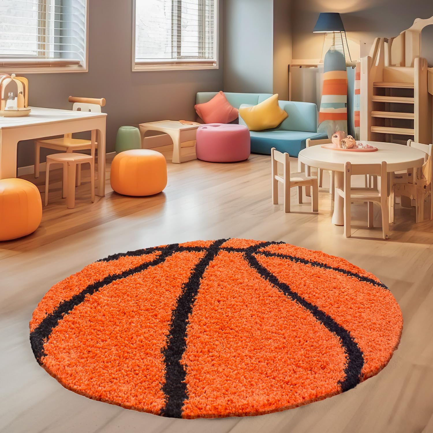 SIMPEX Alfombra infantil de pelo alto, redonda, diseño de baloncesto, alfombra para habitación infantil, 120 cm, alfombra redonda naranja y negra, alfombra de juegos para niños y niñas, extra suave