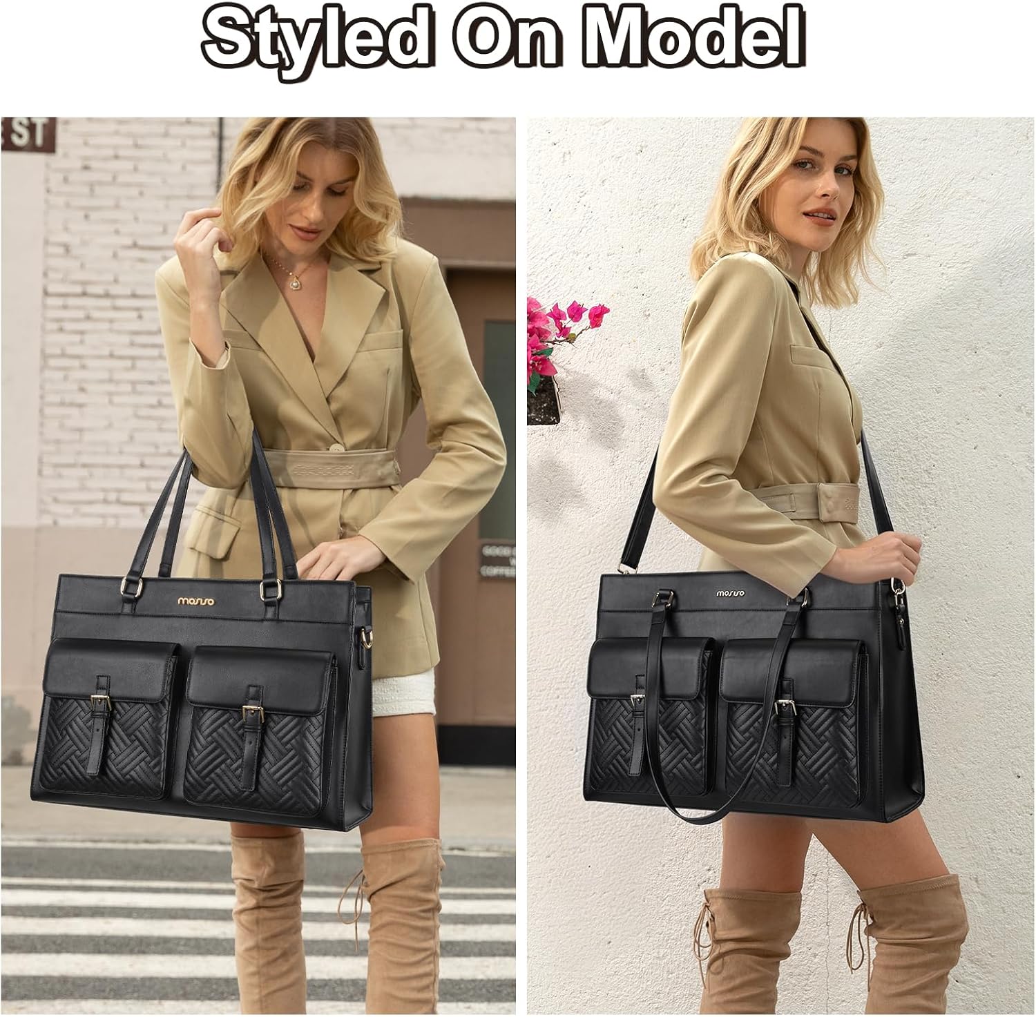 MOSISO Laptop Tote Bag for Women, 15.6 inch PU Leather Tote Crossbody Handbag with 2 Front Flapover Pockets, Large Capacity Waterproof Shoulder Computer Bags for Teacher College Work Business, Black