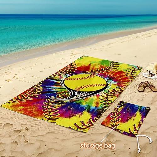 Miniatura 3 de Toalla de playa con nombre personalizado, diseño de sóftbol con bolsa de almacenamiento, toallas de baño de microfibra suave absorbente de gran