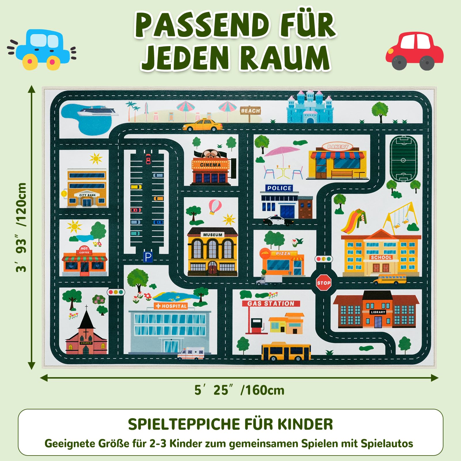 Capslpad Tapis de jeu éducatif et amusant - Vert - 152 x 198 cm (Rectangulaire) - Tapis de salle de jeux pour enfants - Tapis de jeu routier lavable