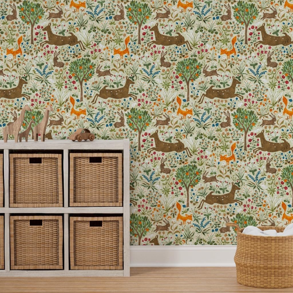 Spoonflower Peel & Stick Wallpaper 3ft x 2ft - Animals Forest Fox Rabbit Hare Lizard Custom Removable Wallpaper