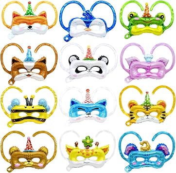 12 Pcs Animal Masks Foil balloons Mardi Gras Decorations, Tiger Bee Elephant Giraffe Penguin Brown Bear Dog Monkey Panda Masks Balloon for Masquerade Jungle Safari Birthday Party Supplies