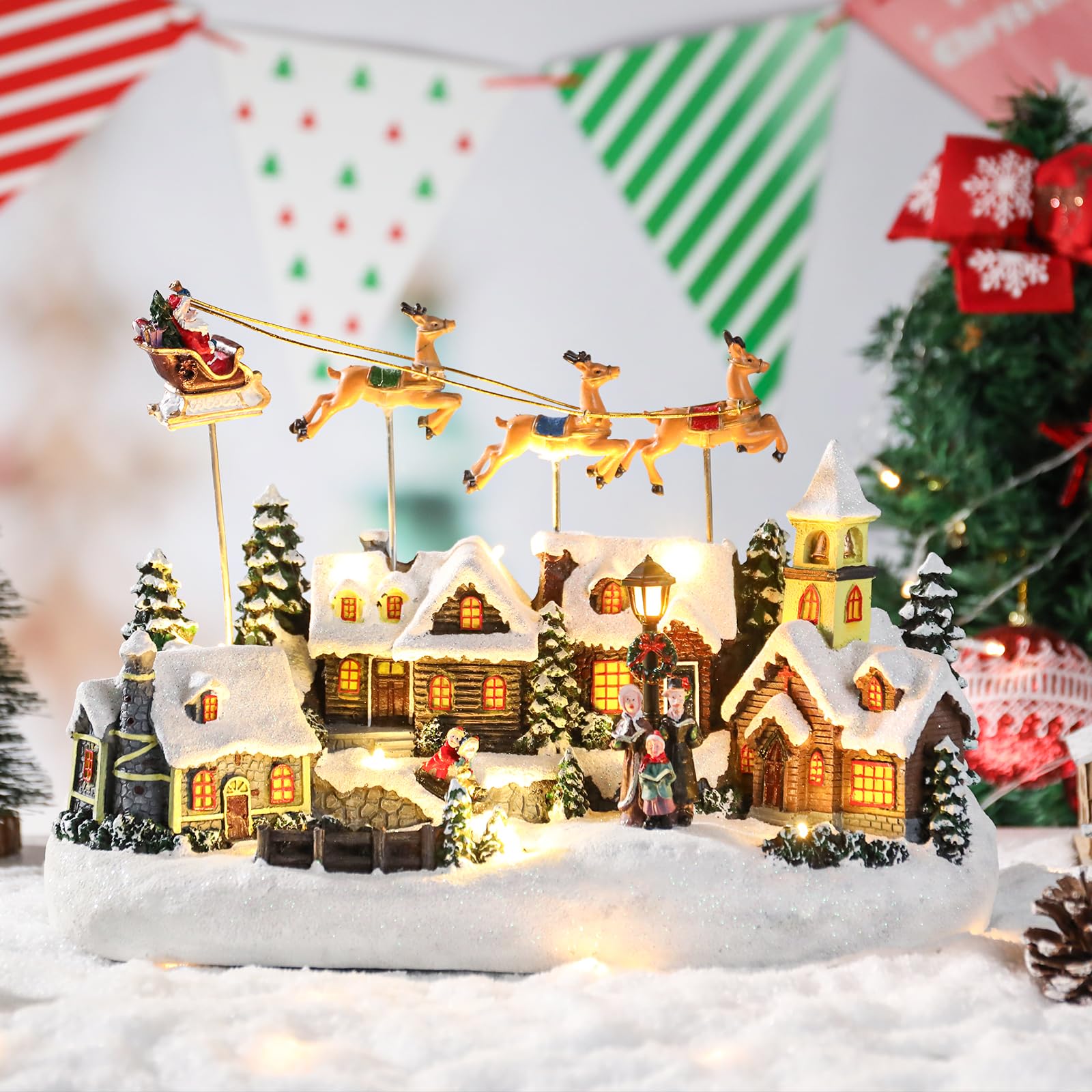 Bdor Village de Noël lumineux Décoration musicale animée de Noël à collectionner Père Noël cerf Décoration d'intérieur à piles