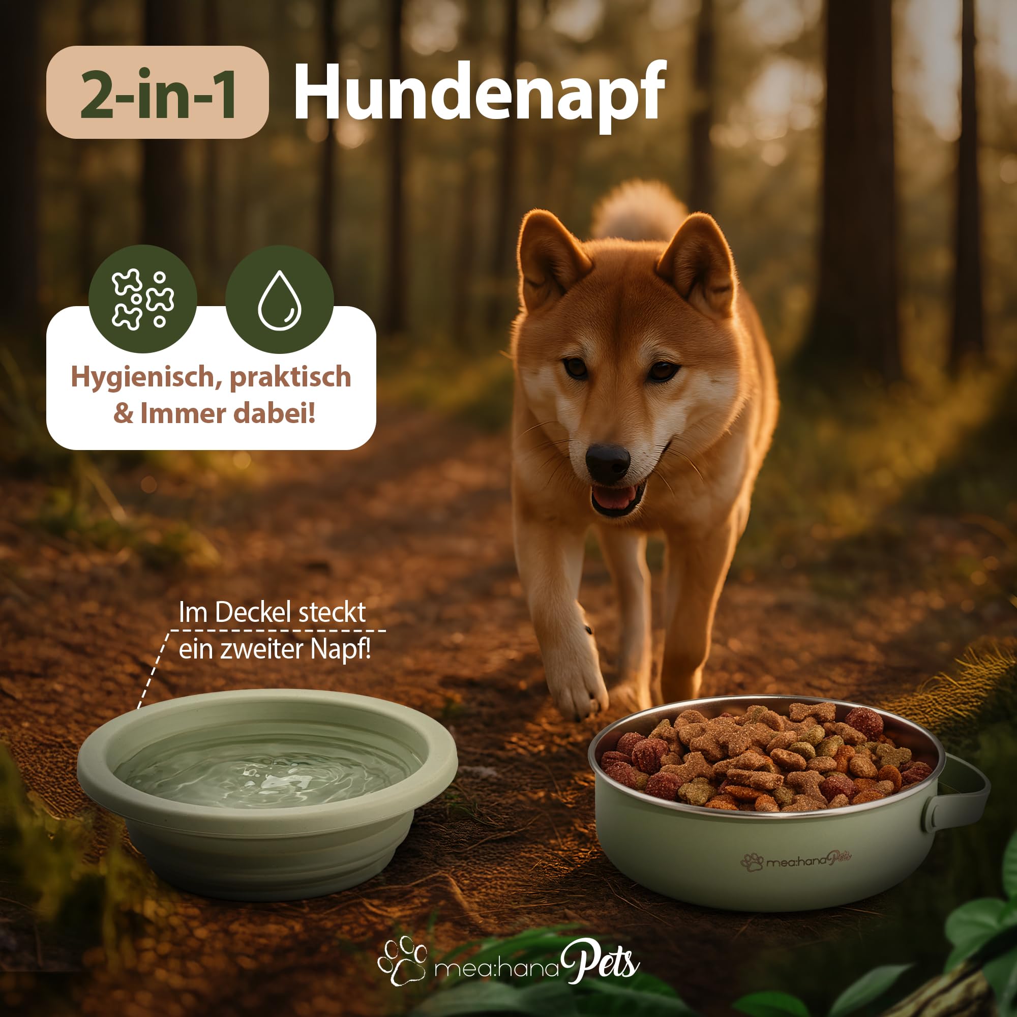 Pets Futternapf für unterwegs 900ml mit Deckel -Ideal für Reisen,Outdoor- Edelstahl Futternapf mit faltbarem Silikondeckel als Zweitnapf, Hundezubehör - robust, kompakt, hygienisch