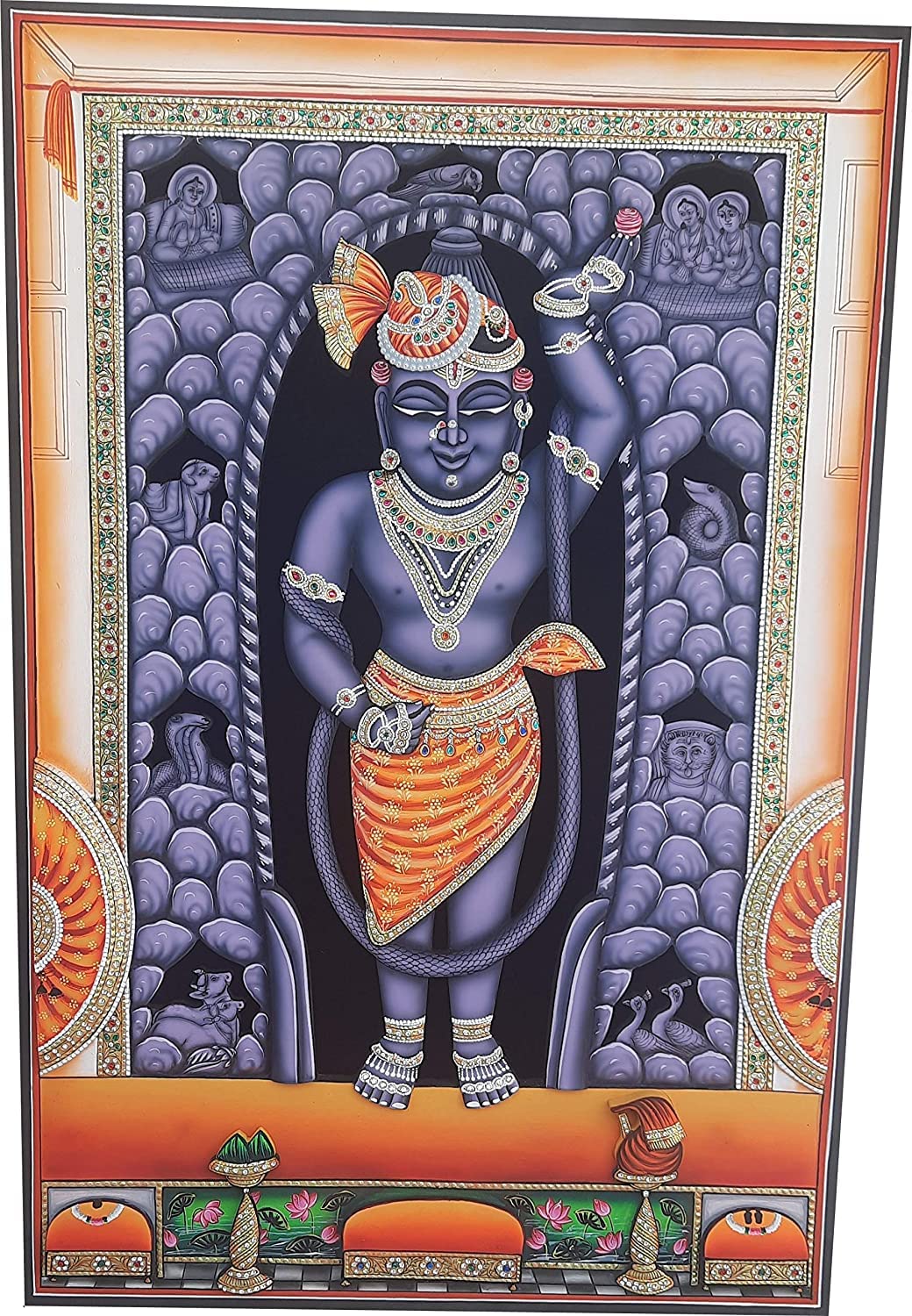 Mukund Arts Shreenathji Shreeji Shrinathji Mangla hand wood painting gold leaf large wood painting with frame and with led lights (small)