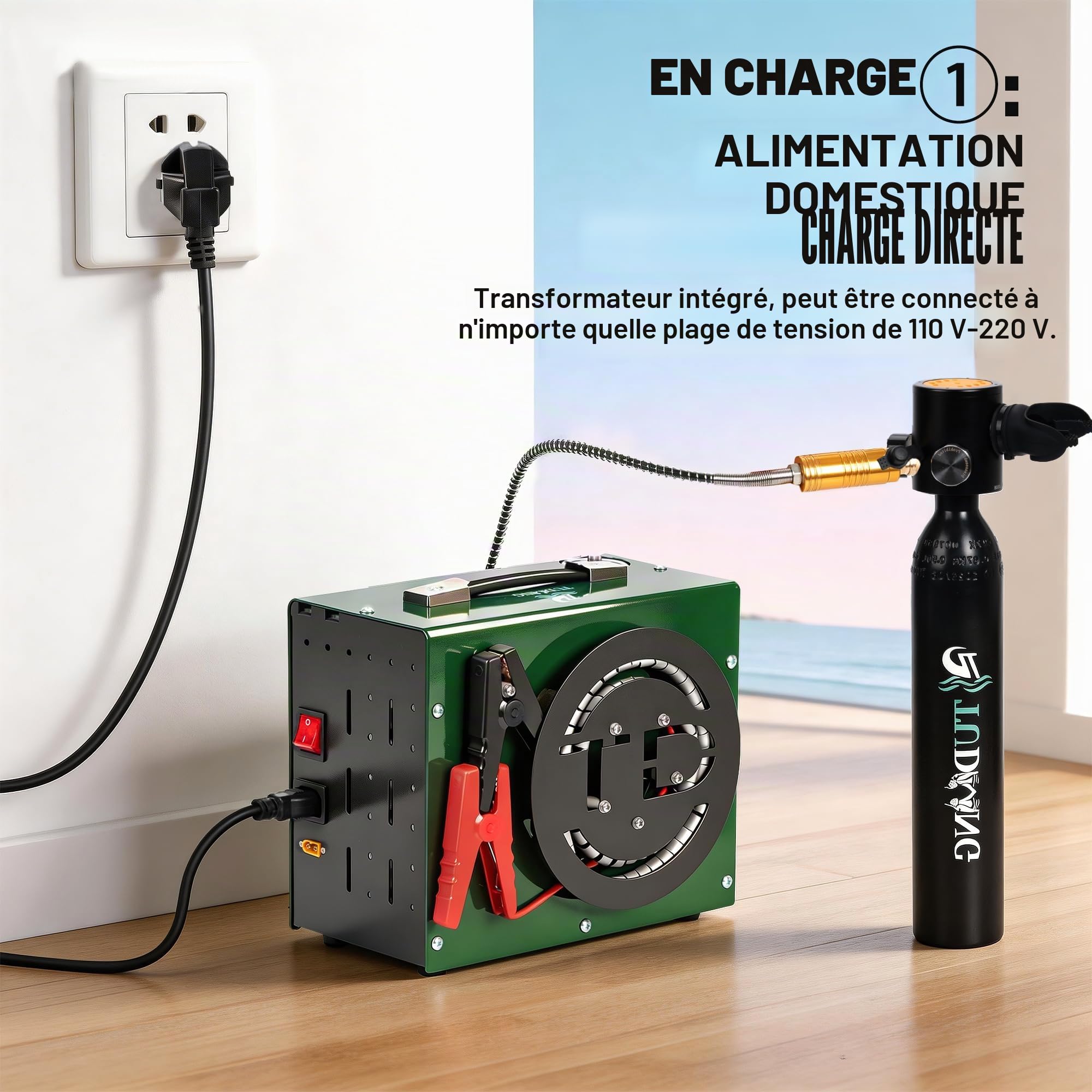 TUDIVING - Compresseur d'air 4500 Psi | 12 V CC / 220 V CA | Arrêt automatique | Sans huile ni eau | Gonflage rapide | Compresseur pour plongée, PCP et pistolets de paintball (TXES062)