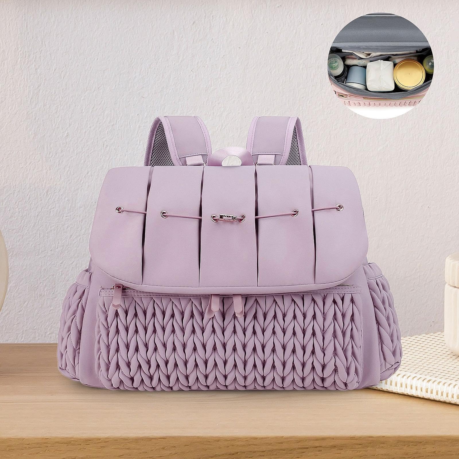 Windelrucksack Wickeltasche Babytasche Muttirucksack Multifunktionsrucksack Wasserdicht Polyester Großräumig mit Vielen Fächern für Fläschchen Spielze, Lila