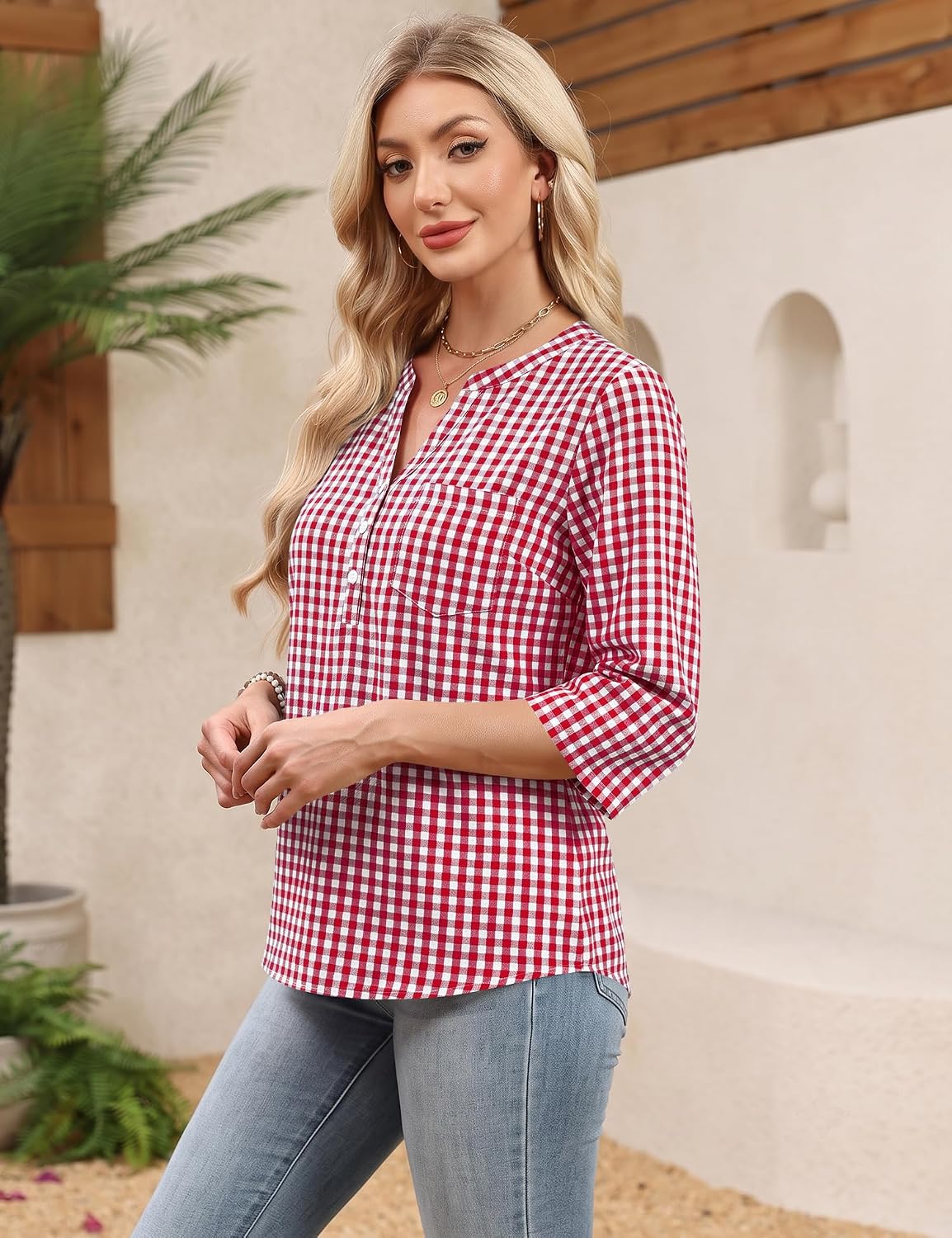 LOMON 3/4 Length Sleeve Womens Summer Tops Dressy Casual Button Down Shirts for Women Womens Loose Fit V Neck t Shirts