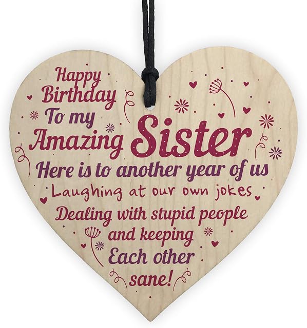 RED OCEAN Funny Birthday Card Gifts For Sister Friend Handmade Novelty Wooden Heart Plaque Gift From Brother Family
