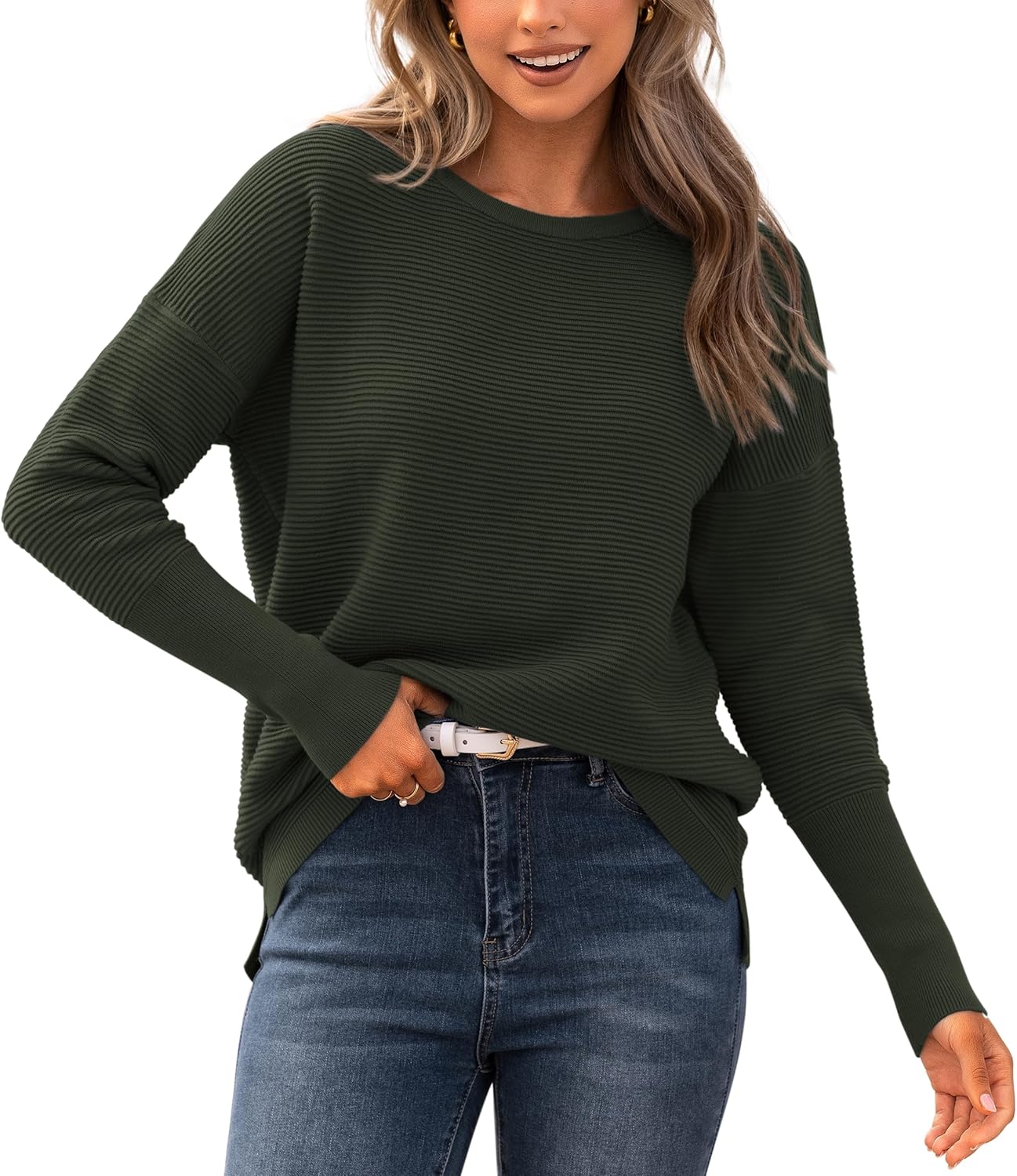 BTFBM Fall Sweaters for Women 2026 Casual Long Sleeve Sweater Striped Loose Fit Pullover Tops