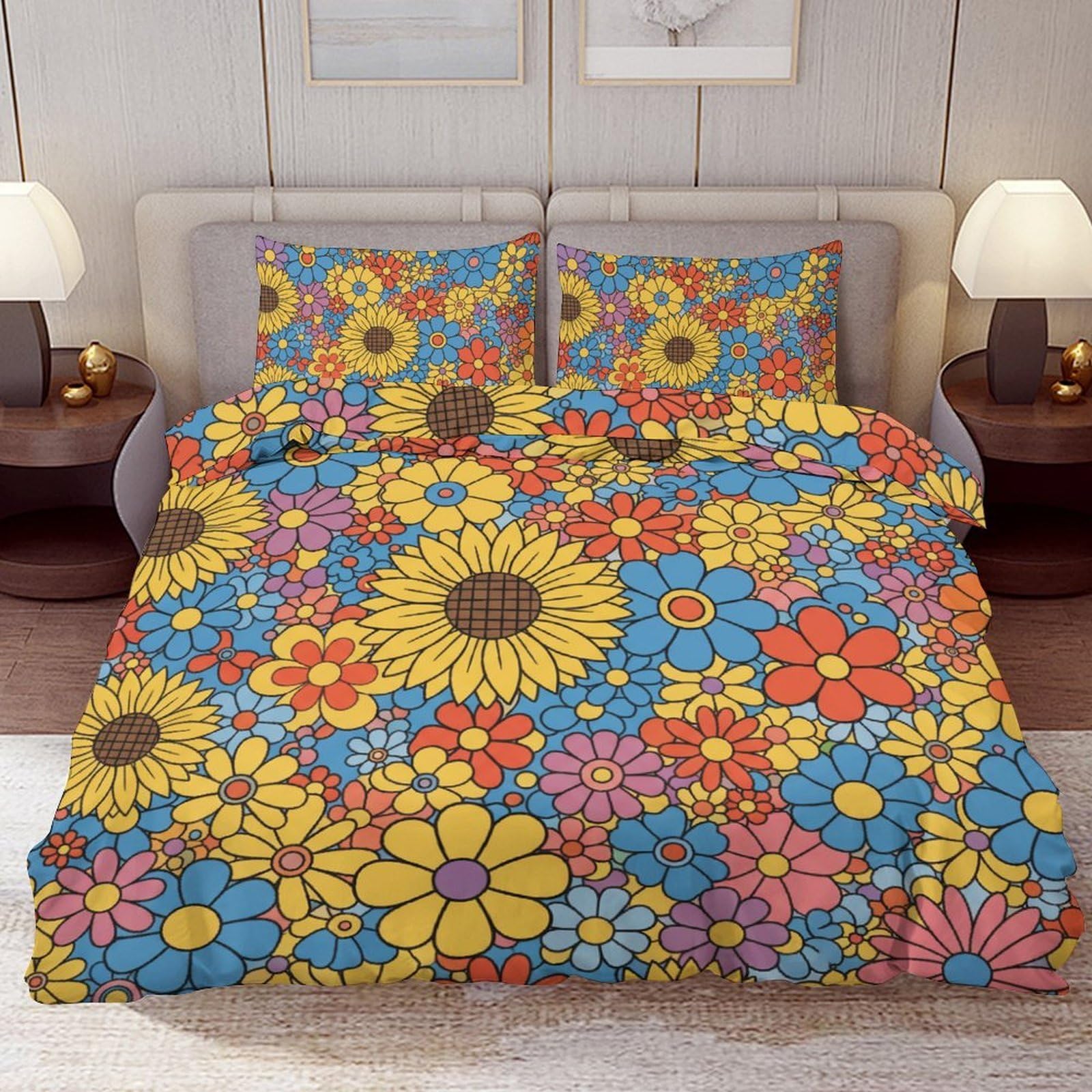 Delerain Comforter Cover Set Queen Size, Retro 60s Hippie Flower 3-Piece Bedding Set for Women Men Modern Soft Microfiber Bedroom Set Room Decor, 1 Duvet Cover + 2 Pillowcases