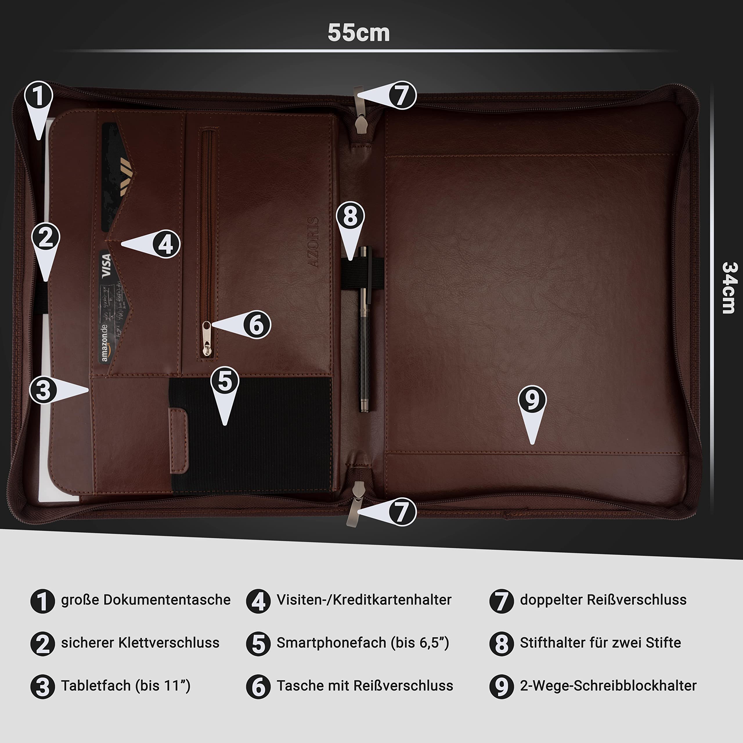 Classeur A4 Premium cuir synthétique double fermeture éclair compartiment 13 pouces tablette iPad professionnel conférence