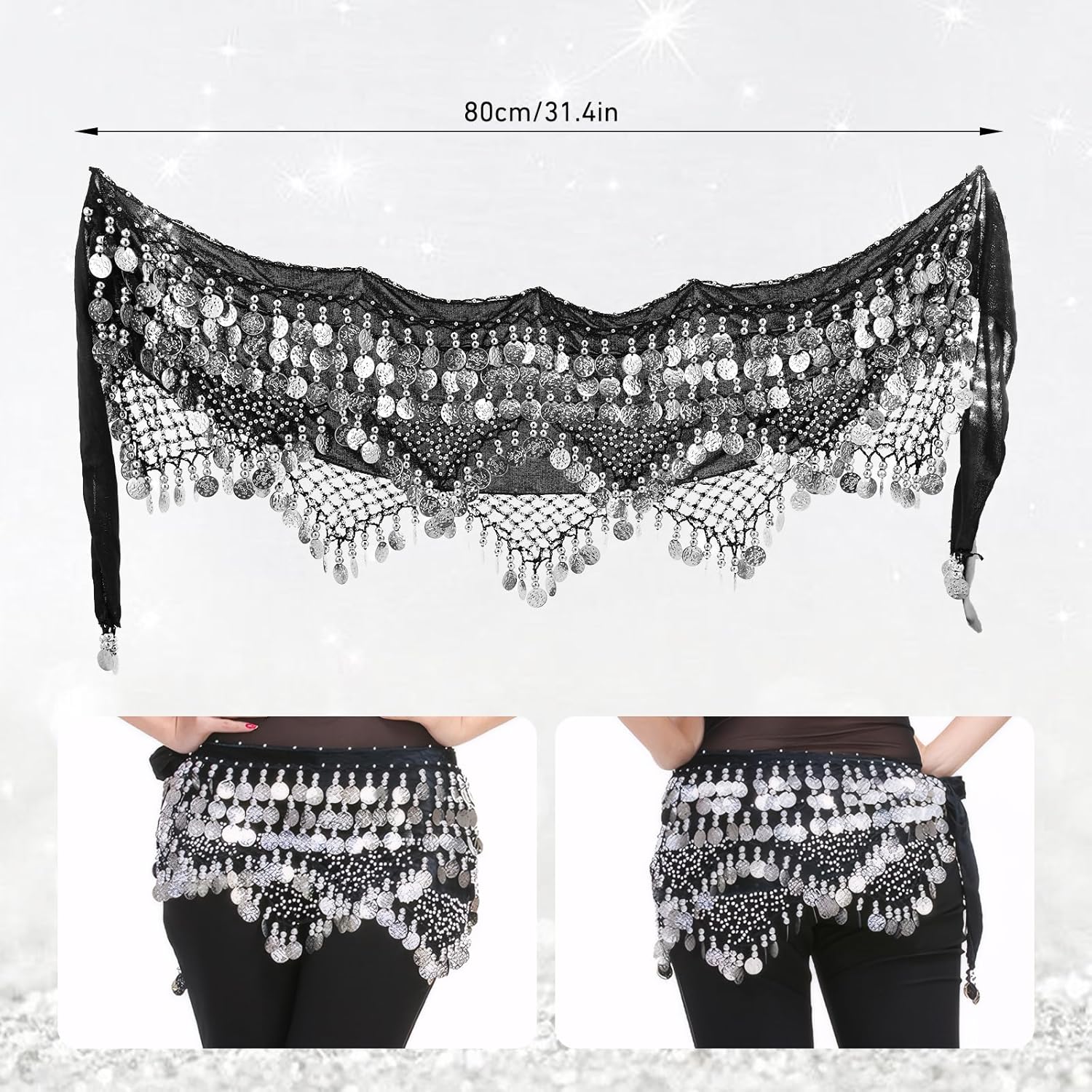 Belly Dance Hip Scarf, Belly Dancer Outfit with 320Pcs Dangling Coins - for Belly Dancing, Yoga, and Dance Training - Image 2
