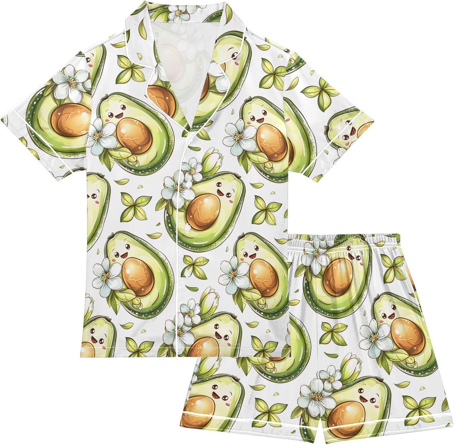 Kids Satin Wear Set Avocado Flowers and Leaves Pattern Relaxed Fit Clothing Short Sleeve and Shorts