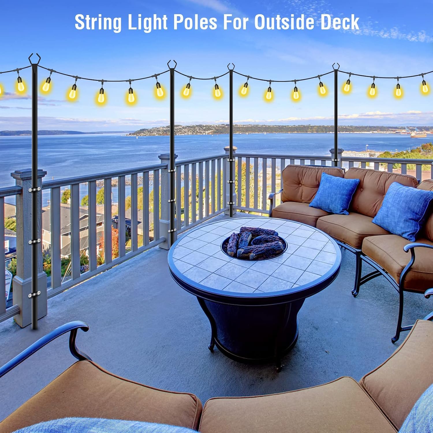 Juego de 4 Postes de Luz de Metal de 3m/10 pies, Postes Metalicos de Iluminación con Tenedor para Guirnaldas Luminosas Exteriores, para Exteriores, Patios, Terrazas, Jardines, Fiestas, Bodas