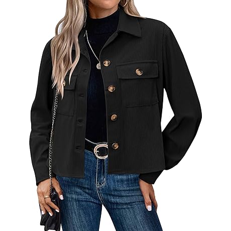 Zeagoo Womens Black Fall Jacket - Corduroy Cropped Shacket