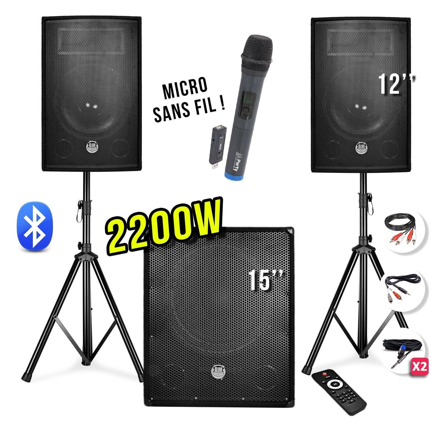 Pack Sono 2200W - Reconditionné/Occasion - Enceintes 12" + Caisson 15" + Pieds + Micro UHF - USB/BT + câbles
