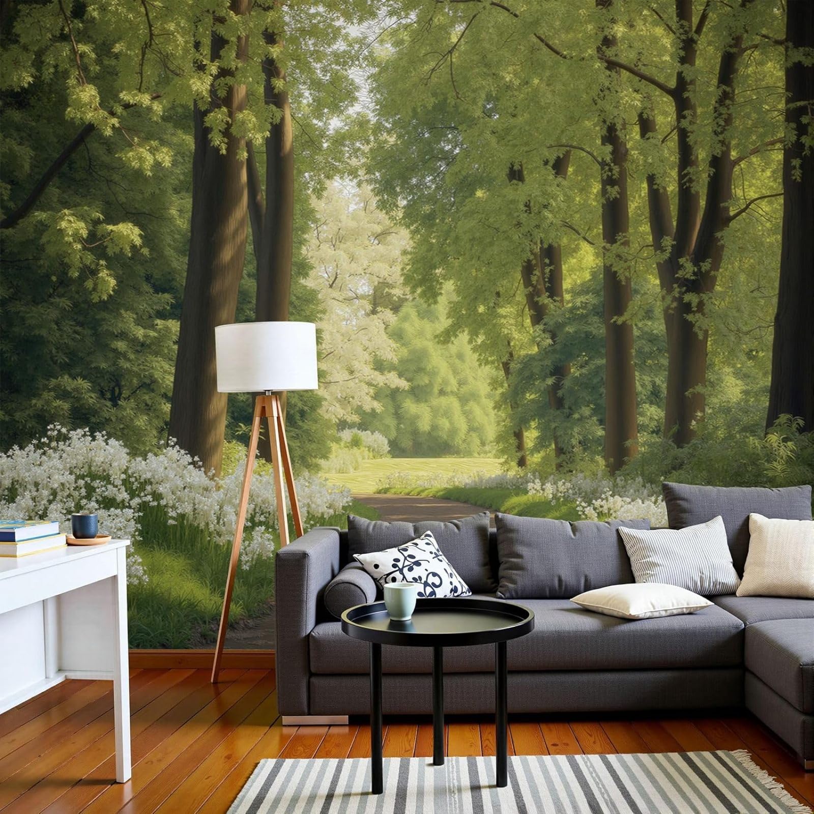 Non-woven photo wallpaper, tranquil forest 3D effect, sunlight, flowers, streets for living room, bedroom, green non-woven wall wallpaper for wall decoration, 400cm x 280cm stickers - frameless painti