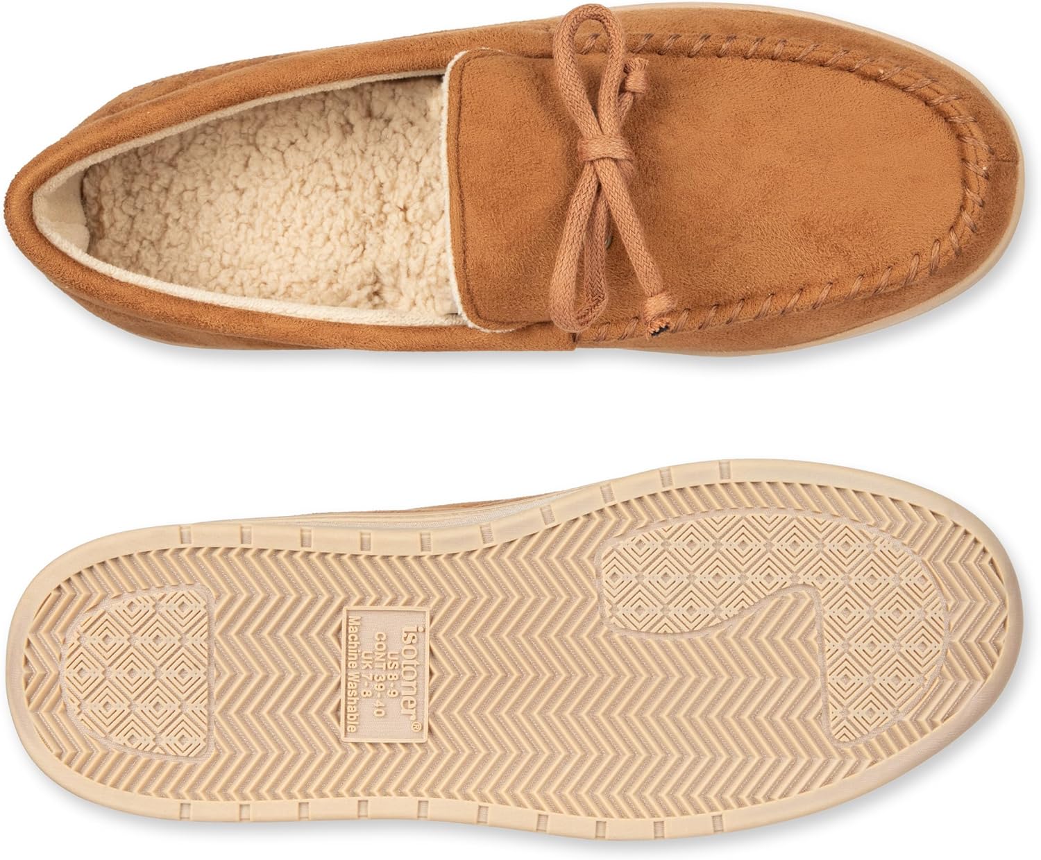 Isotoner Men's Slip-On Indoor/Outdoor Essential Microsuede Boater Moccasin with Memory Foam Comfort Slipper, Cognac, Medium