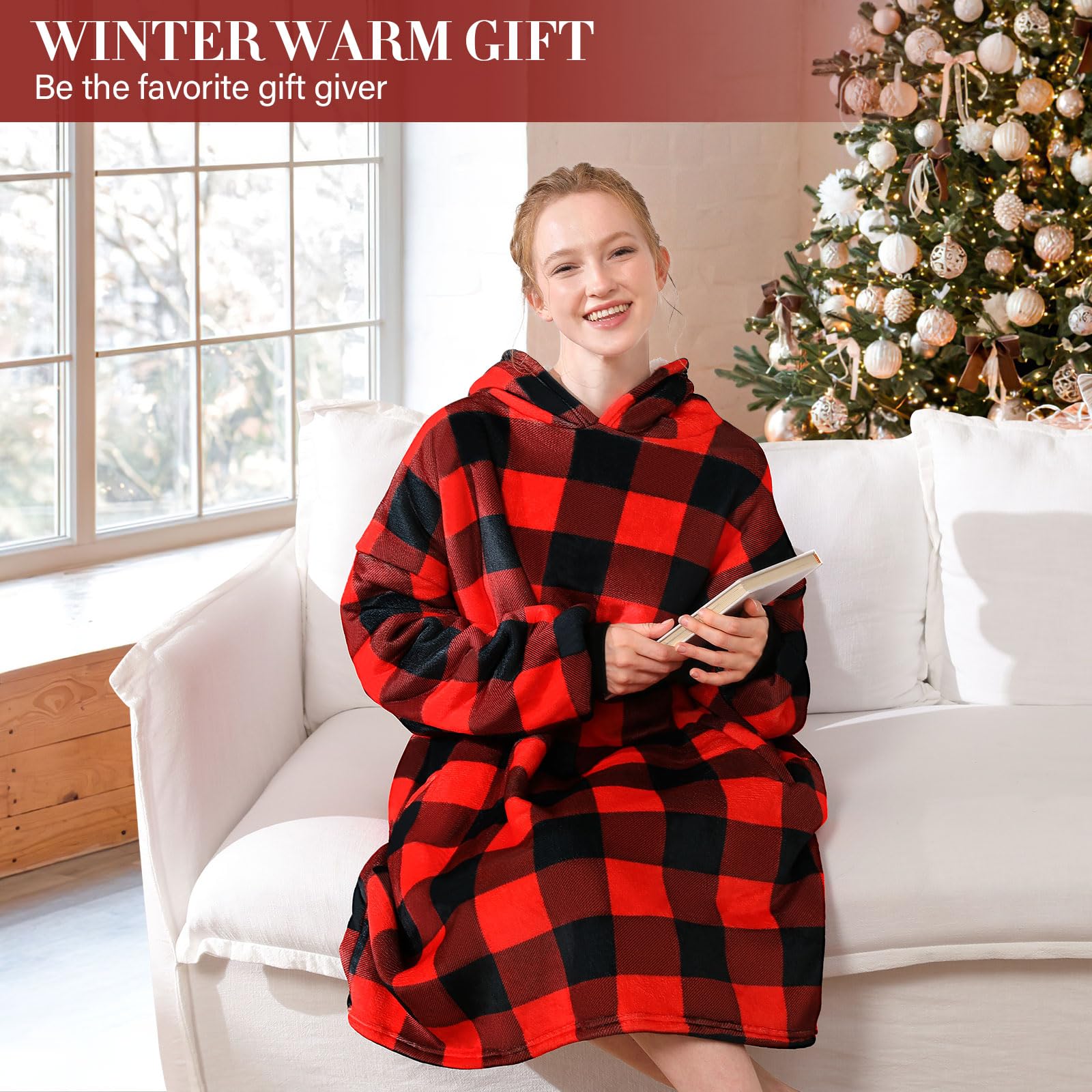 LetsFunny Sudadera con capucha de gran tamaño, súper suave, cálida, cómoda, con bolsillo gigante, para adultos, hombres, mujeres, adolescentes, niños, talla única (cuadros rojos, adultos)