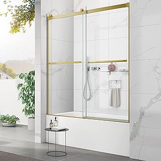 Sunrosa Tub Shower Door 60"×60", Double Sliding Bathtub Door, Frameless Tub Door with Tempered Glass, Glass Shower Door for Bathtub in Brushed Gold