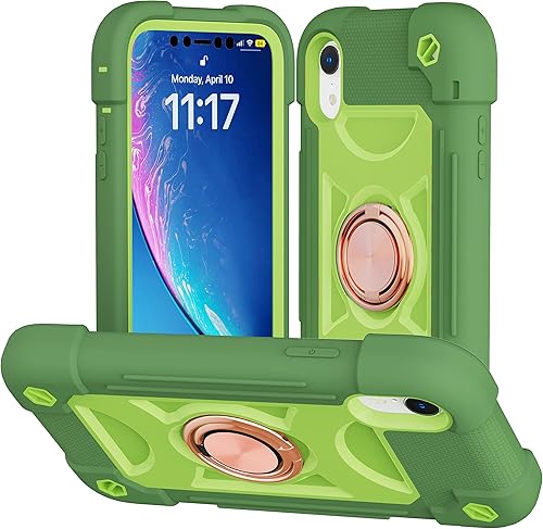 Miniatura 7 de Funda para iPhone XR de 6.1 pulgadas con soporte de anillo, con 2 protectores de pantalla de vidrio, resistente a los golpes, resistente a los