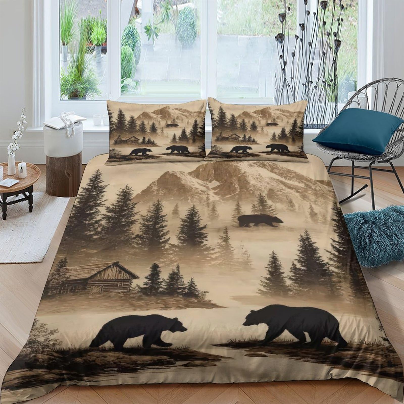 Ctjqhvkz Style-2 3D Printed Forest Bear Fitted Sheet Microfiber Brown Cabin Landscape Mattress Cover For Bedroom Guest Room Protection Decor Single（135X200cm）