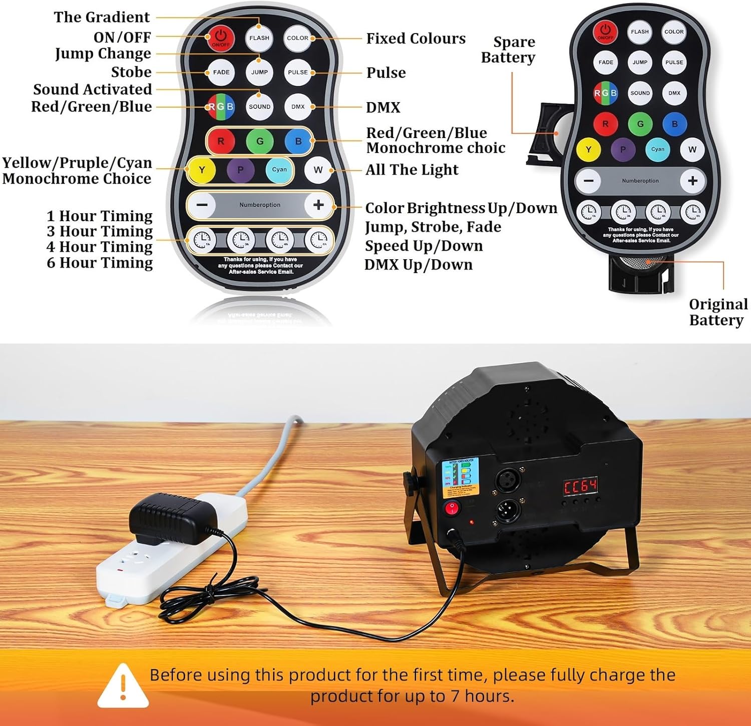 ZonQoonz AL-01104X4 light connected to power for charging, with remote control details