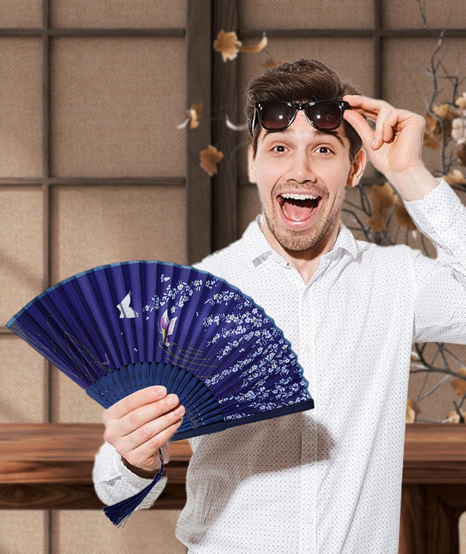 NHCDFA 2 Pcs Hand Fan Manual, Japanese Fan, Chinese Fan for Hand Paper Fans for Decoration for Dancing Cosplay Wedding Party Props Decoration, White and Blue, 10 cm 3