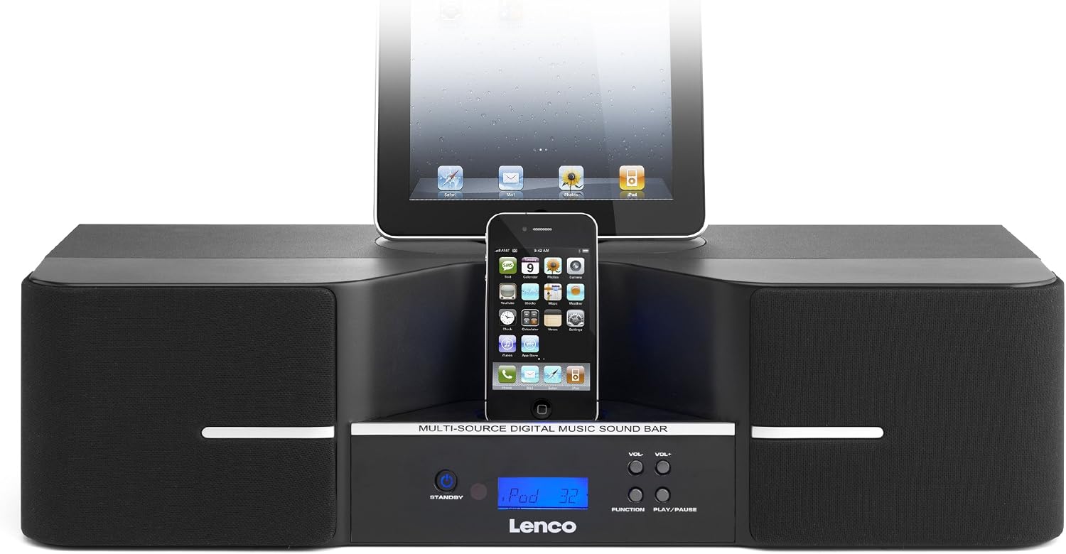 Front view of Lenco iPD-1003 docking station with an iPad and iPhone docked.