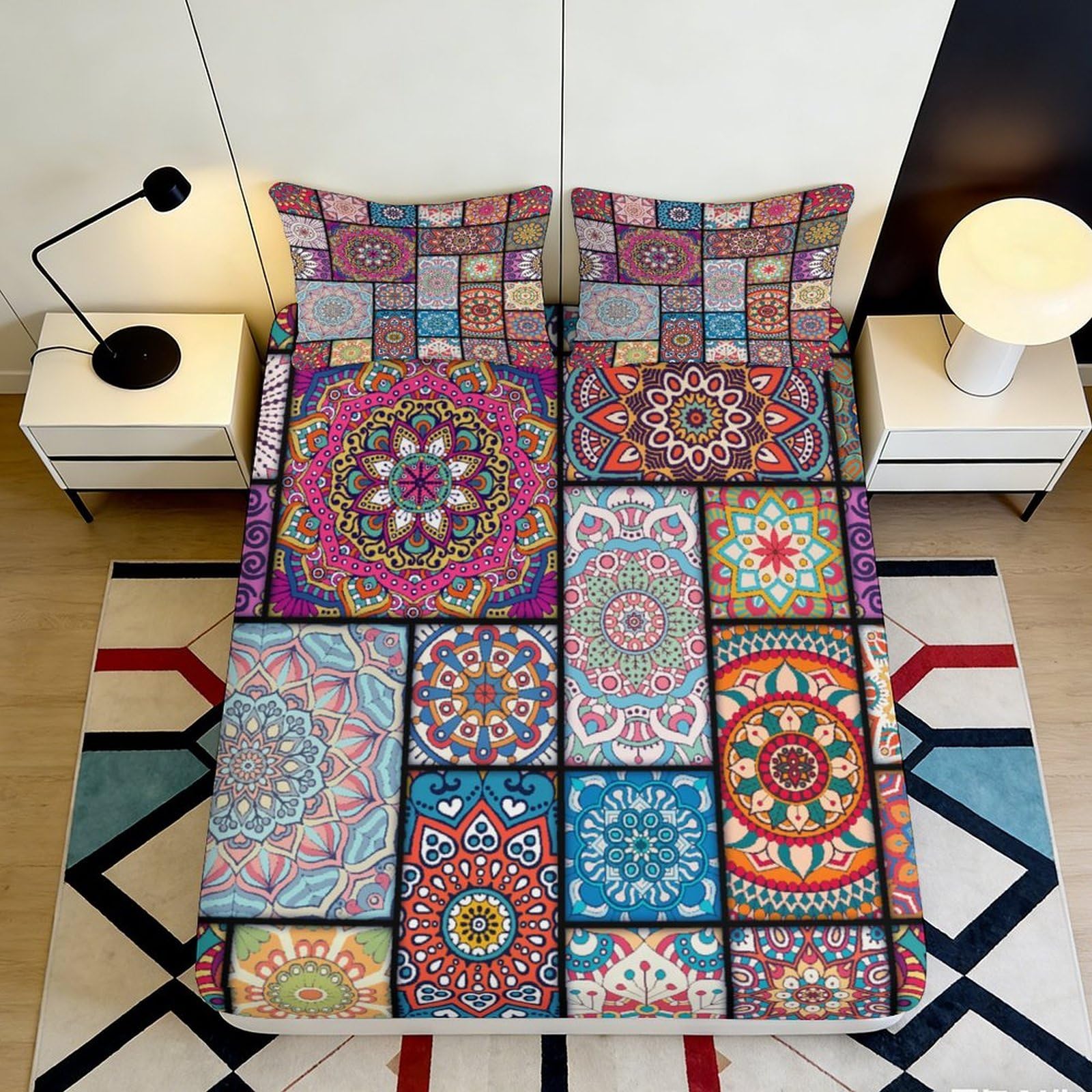 Pnayamiorkfel Style-4 3D Printed Mandala Mosaic Fitted Sheet Microfiber Soft Colorful Boho Pattern Bed Cover Non Slip Easy Care For Bedroom 90X200x25cm